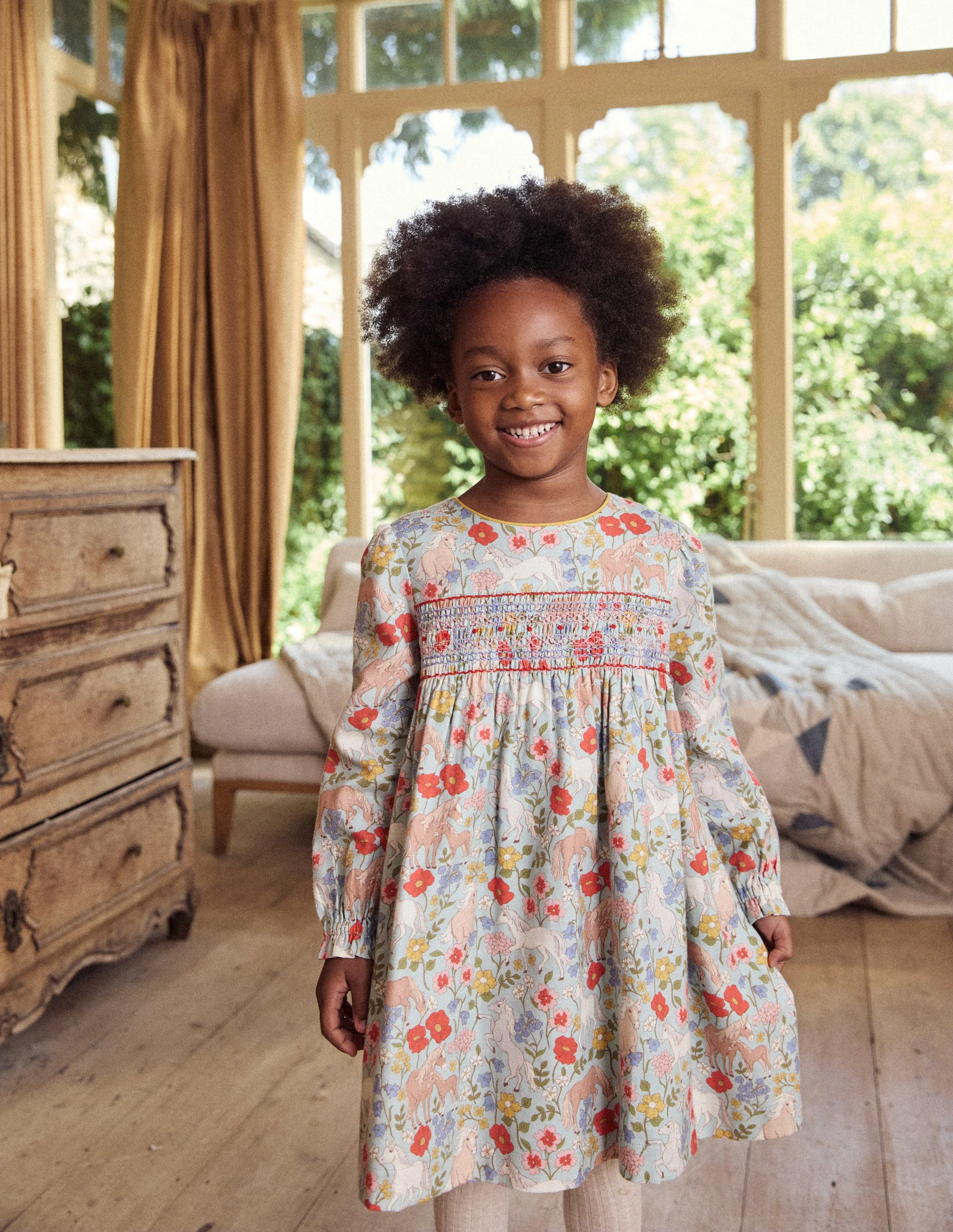 Bess Gesmoktes Kleid-Eisblau Pony Blumenmuster - Image 7
