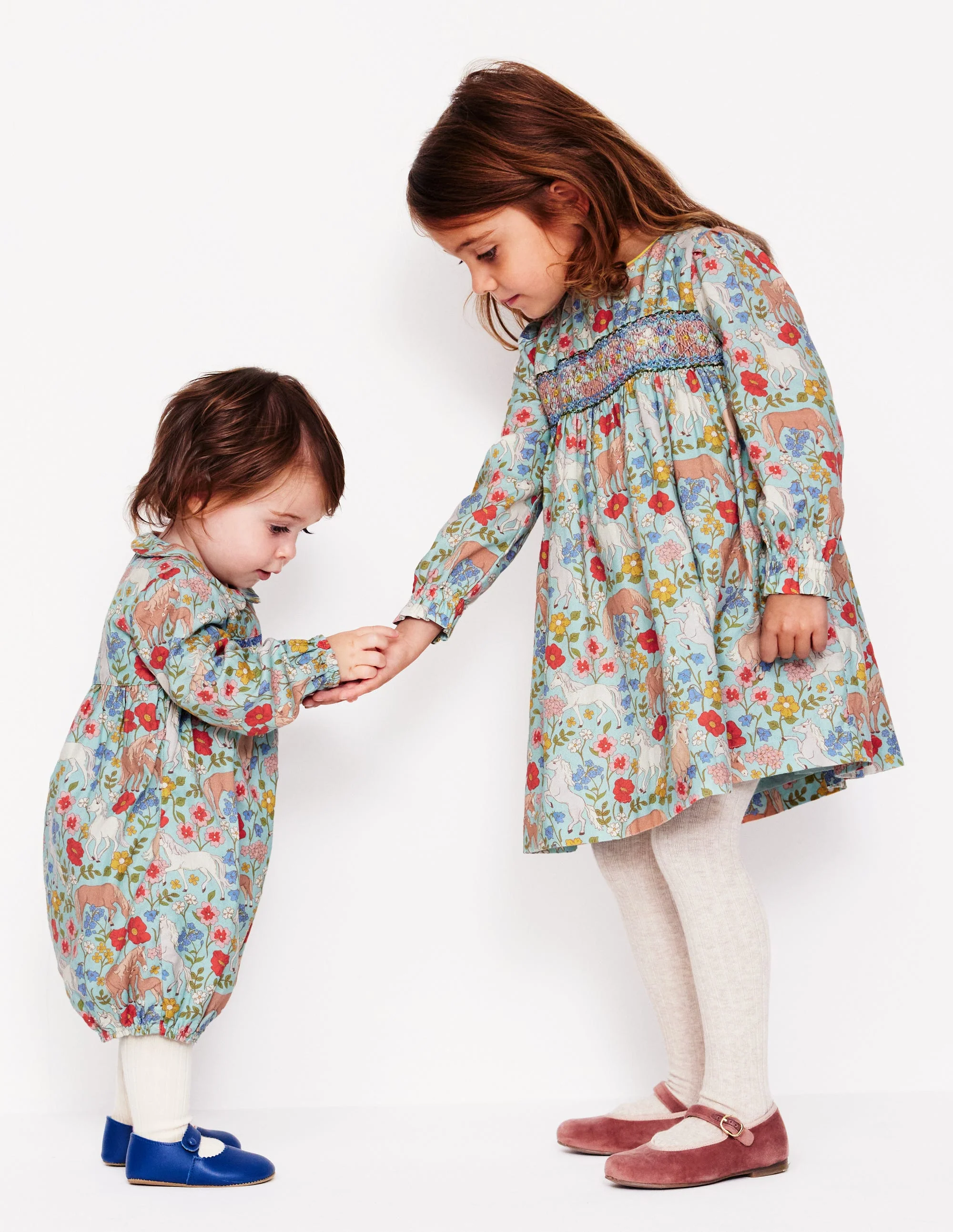 Bess Gesmoktes Kleid-Eisblau Pony Blumenmuster - Image 9