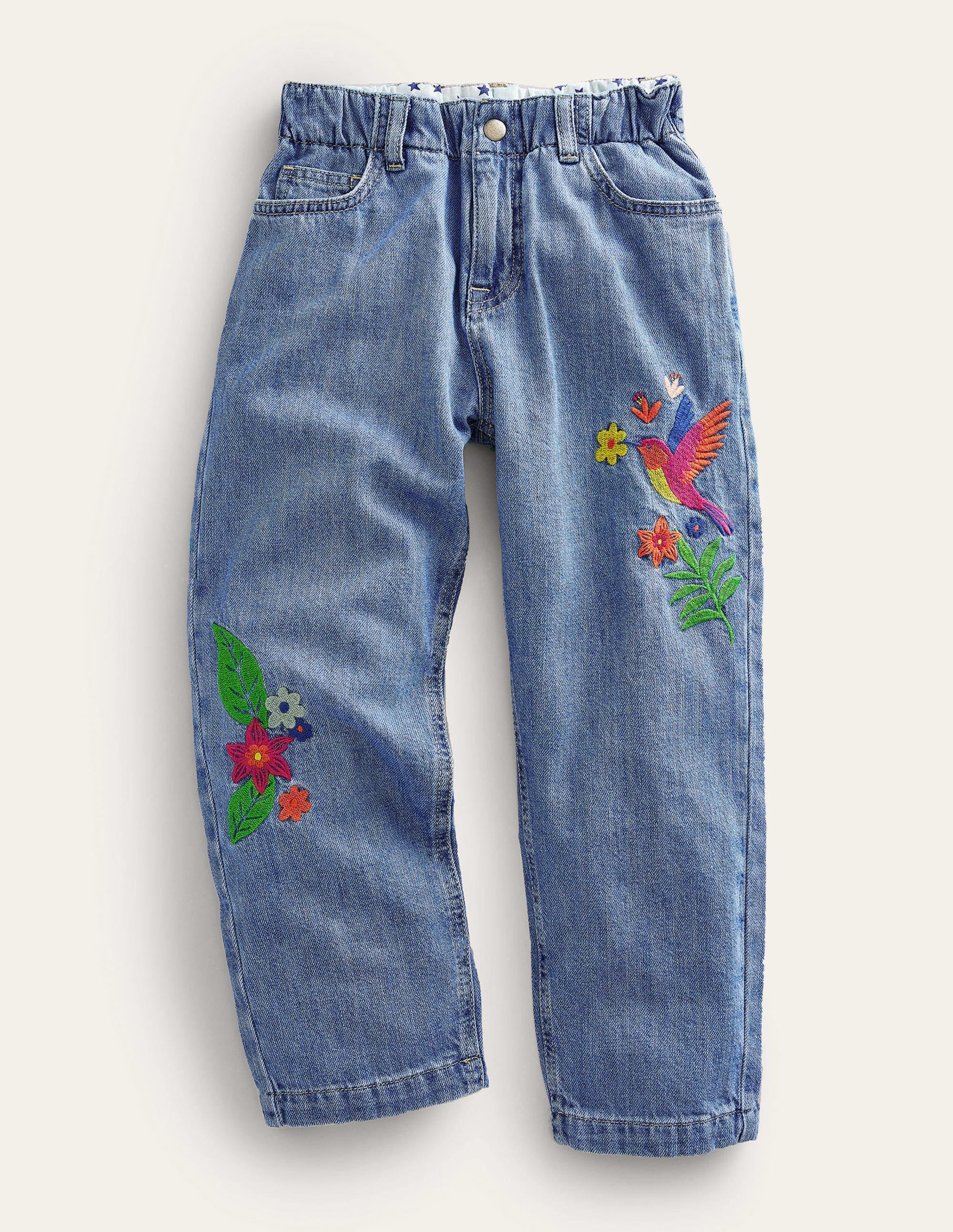 Bestickte Barrel-Jeans-Denim, Helle Waschung/Stickerei