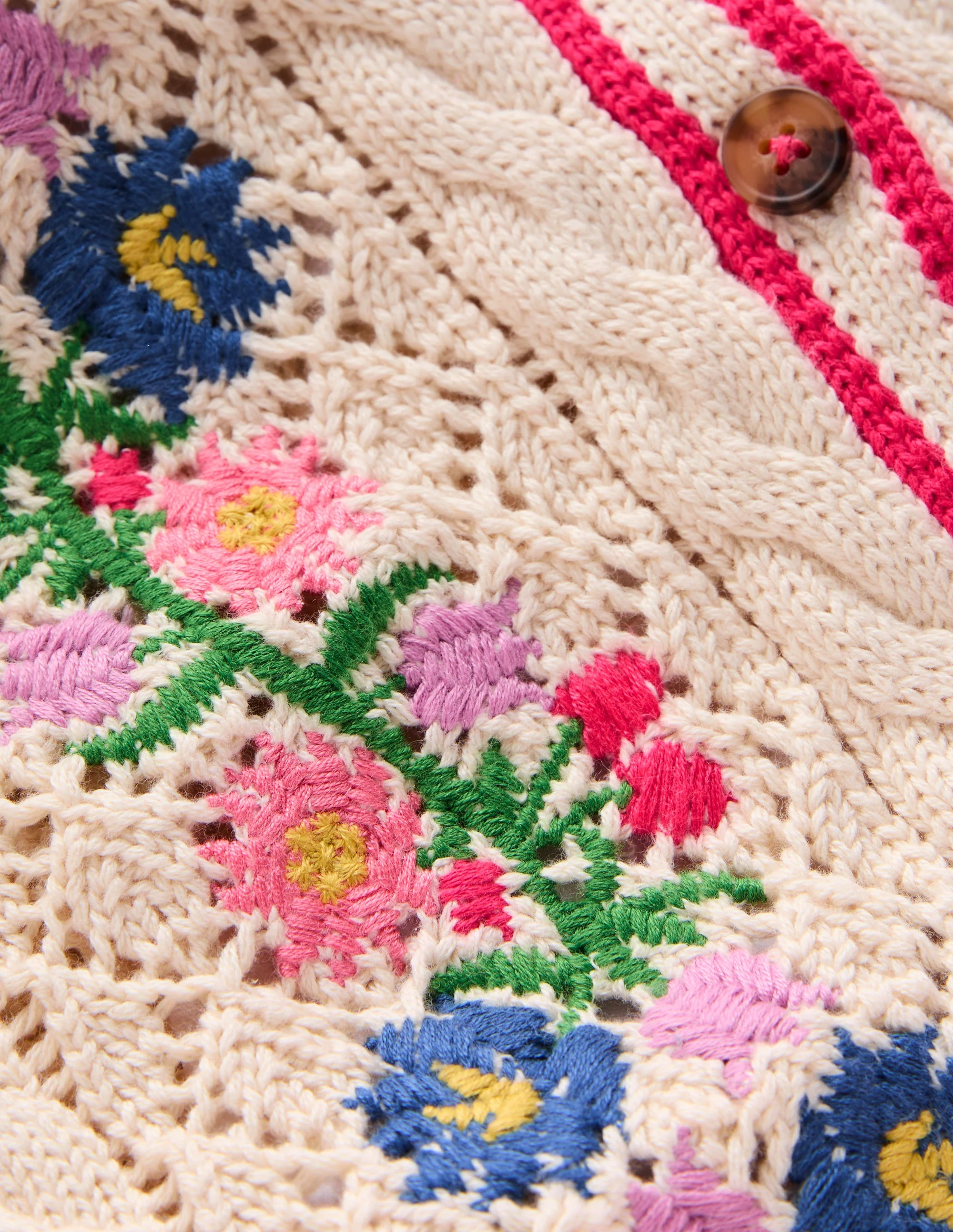Bestickte Baumwoll-Strickjacke-Warmes Naturweiß Blumenmuster - Image 3