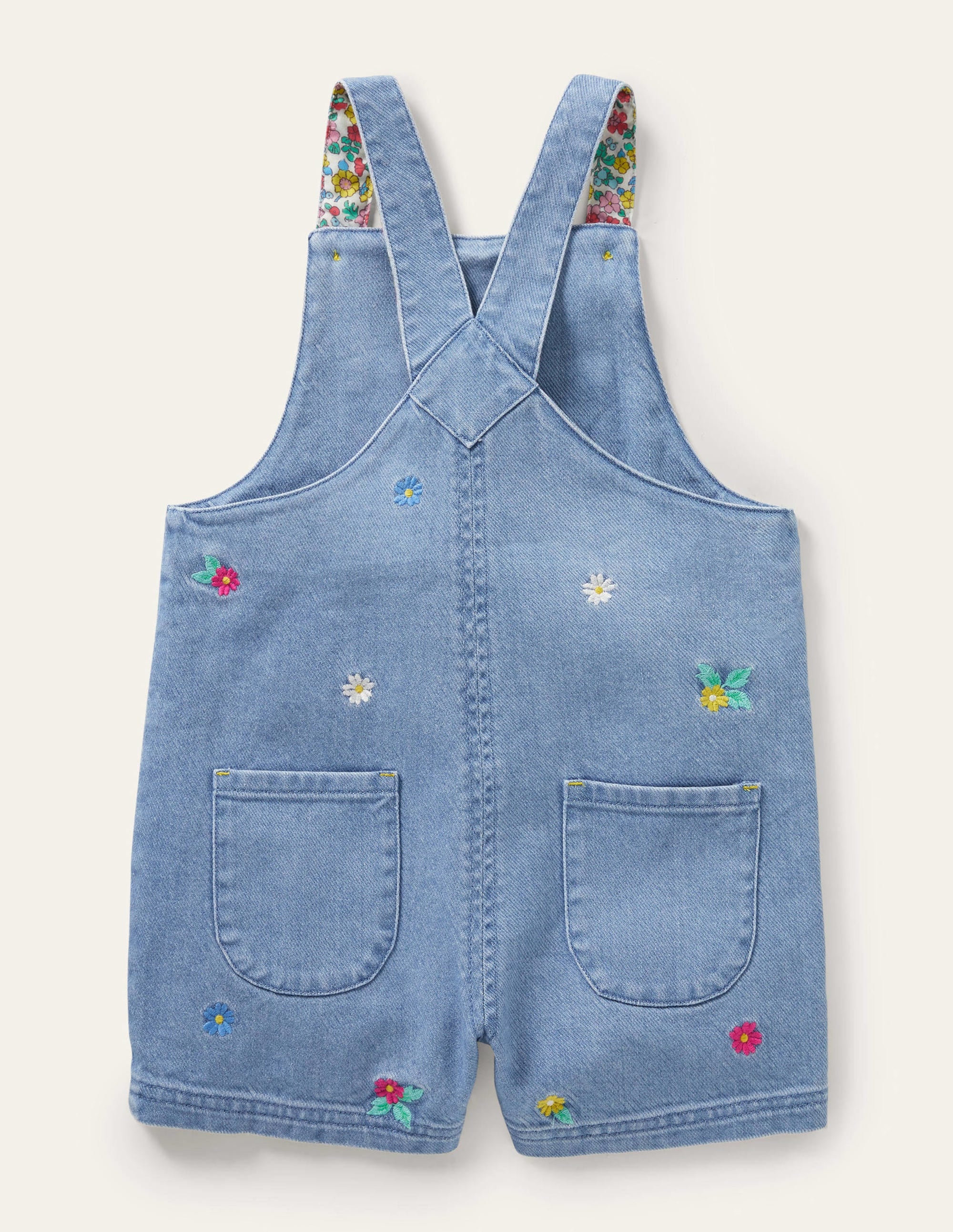Bestickte kurze Latzhose-Mittleres Vintageblau, Denim/Blumenmuster - Image 2