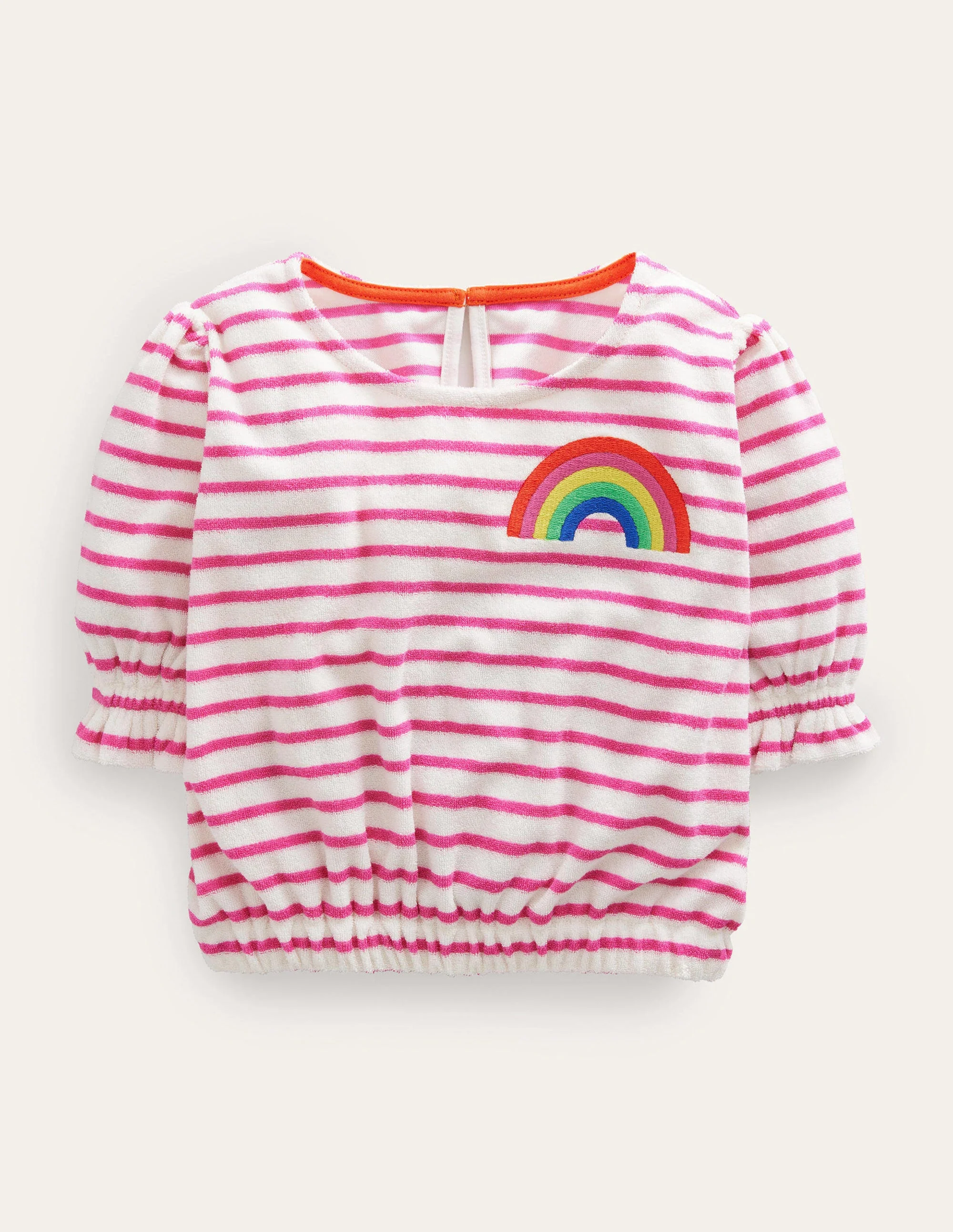 Besticktes Frotteeoberteil-Rosarot/Naturweiß, Regenbogen