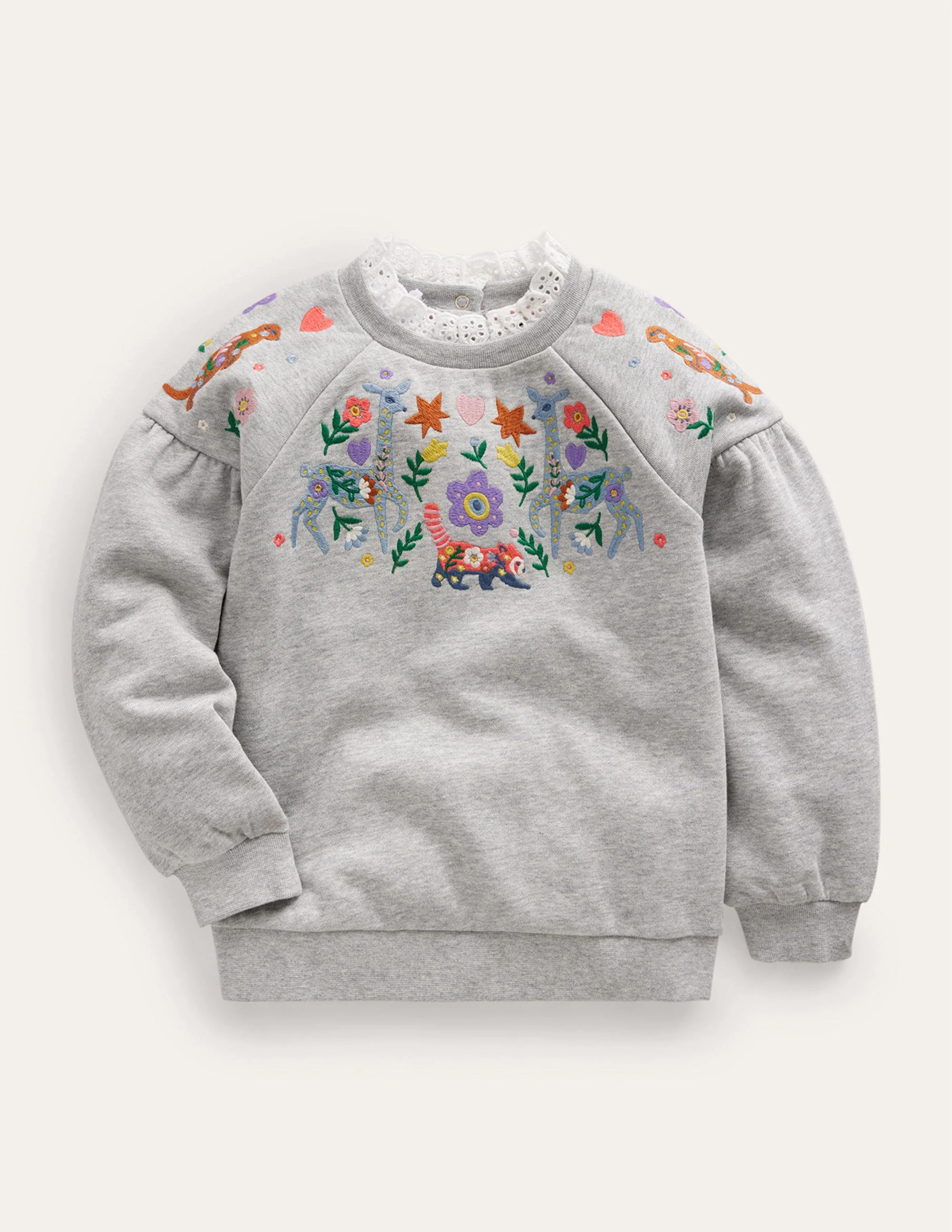 Besticktes Sweatshirt-Grau Meliert Tiere