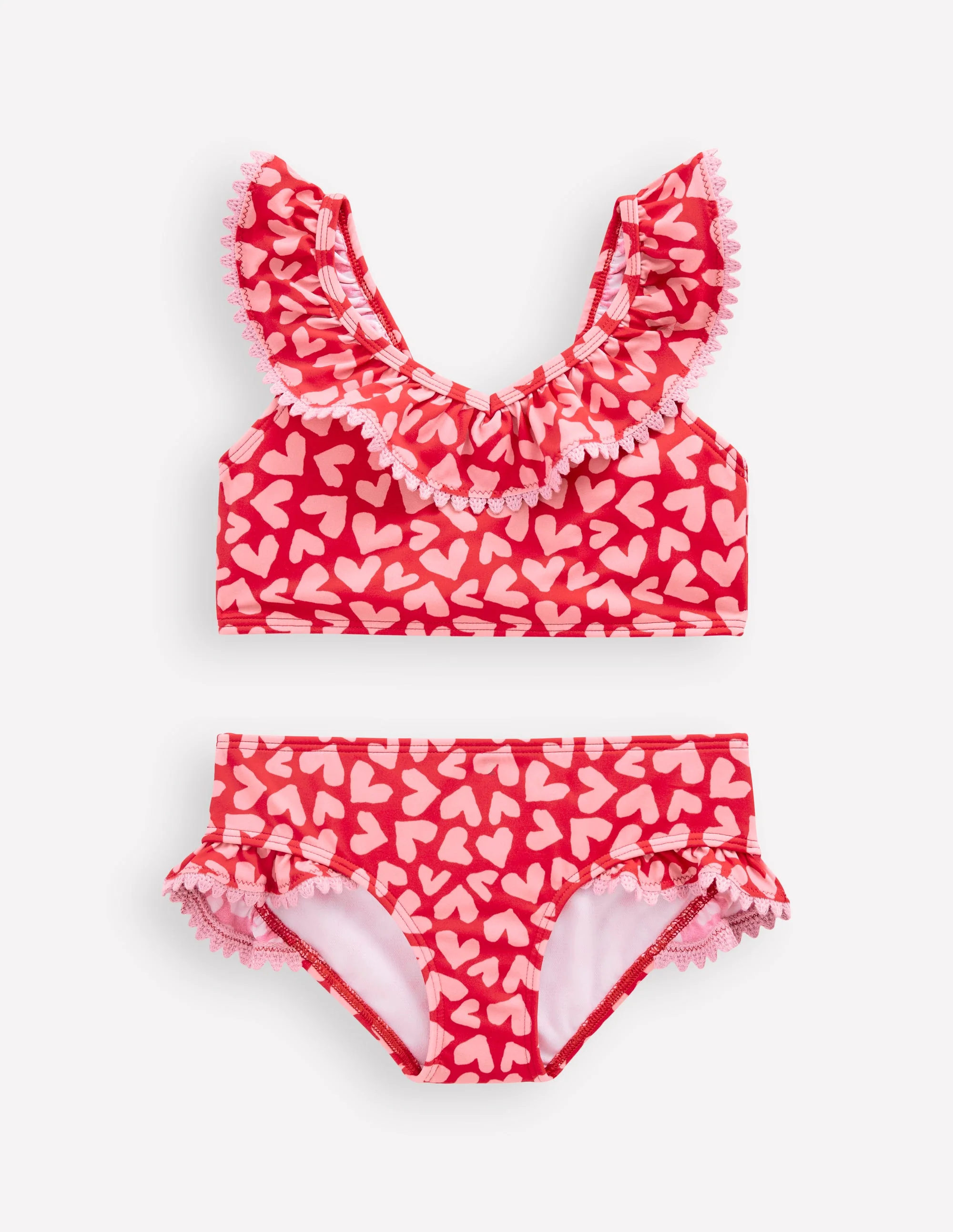 Bikini mit Rüschen und V-Ausschnitt-Rockabilly-Rot Herz-Collage