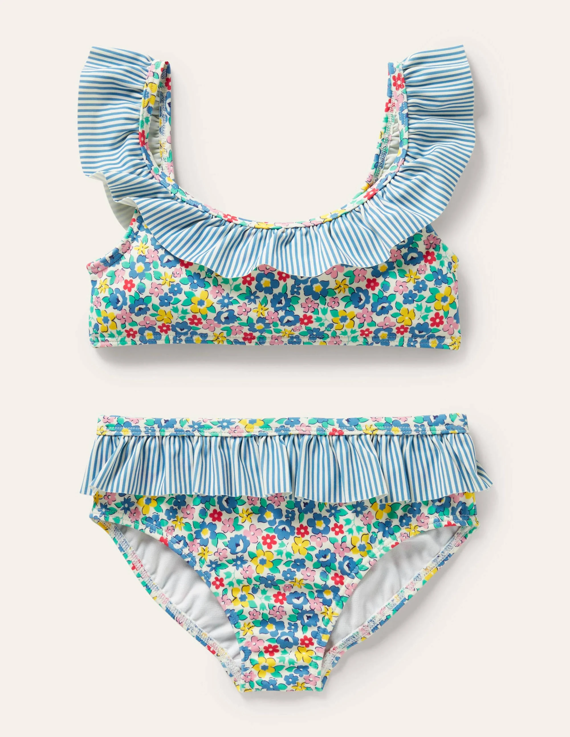 Bikiniset mit Rüschen-Elisabethanisches Blau, Frühlingsblumen