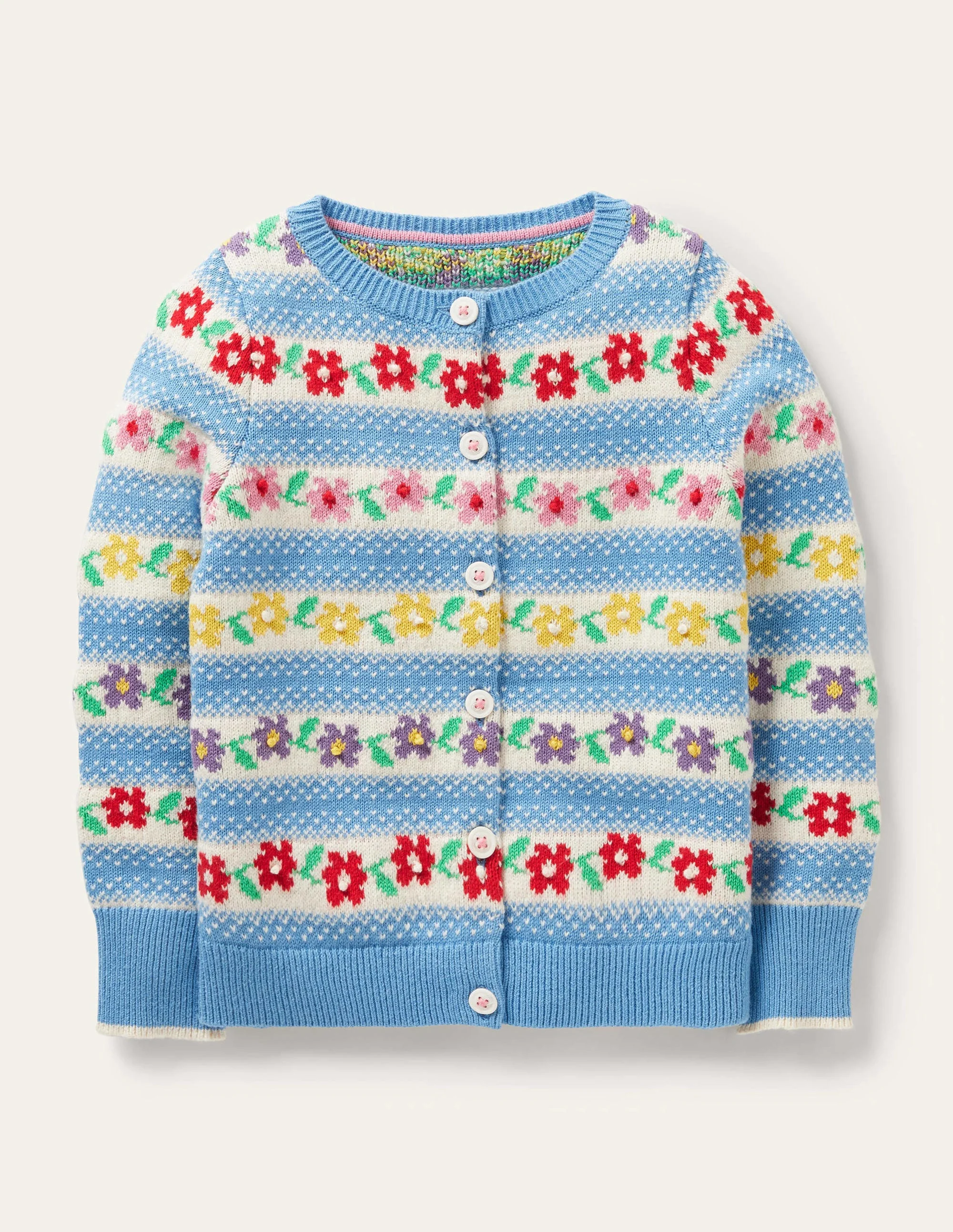 Blue Floral Fair Isle Cardigan-Blau, Blumen-Fair-Isle-Muster