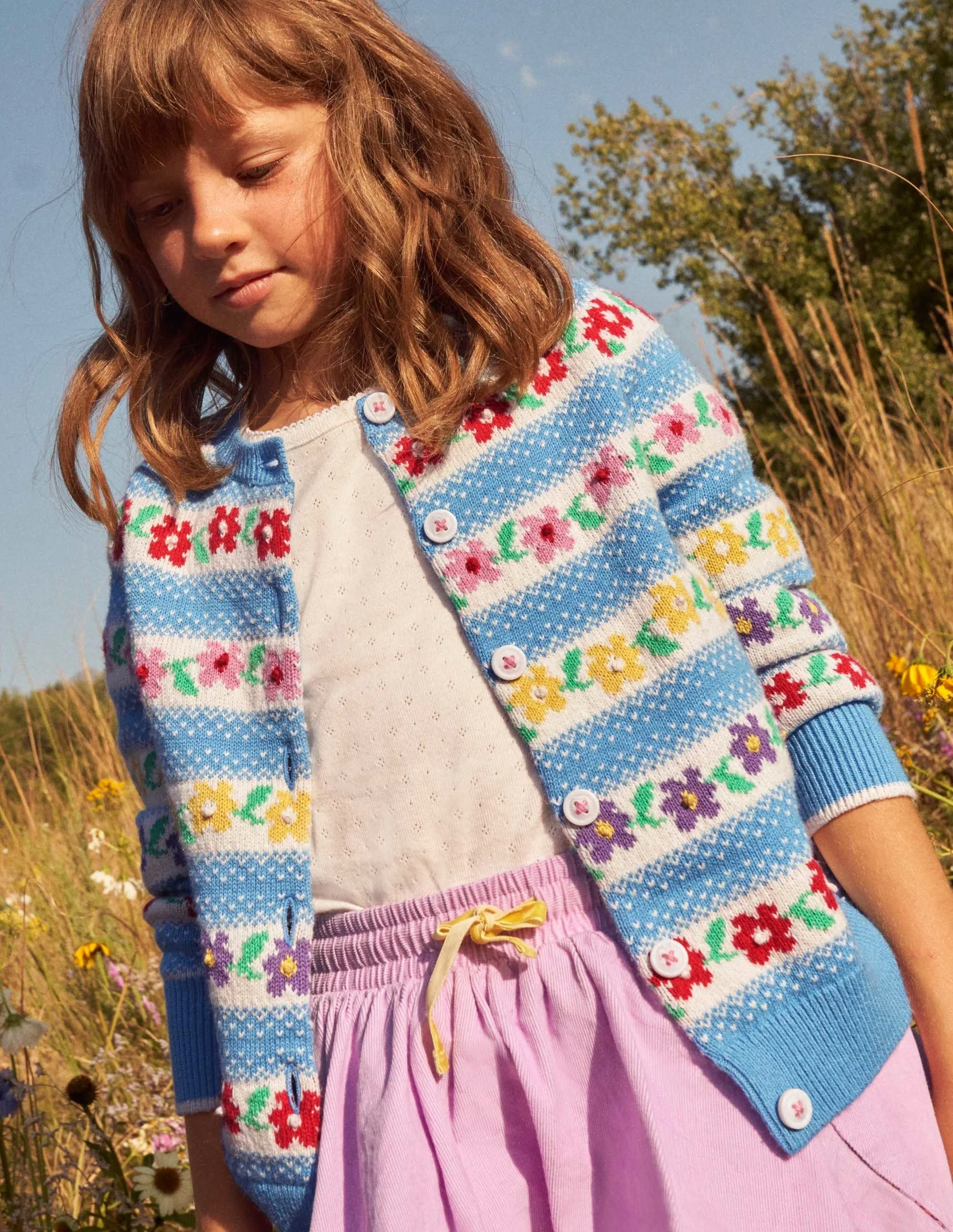Blue Floral Fair Isle Cardigan-Blau, Blumen-Fair-Isle-Muster - Image 4