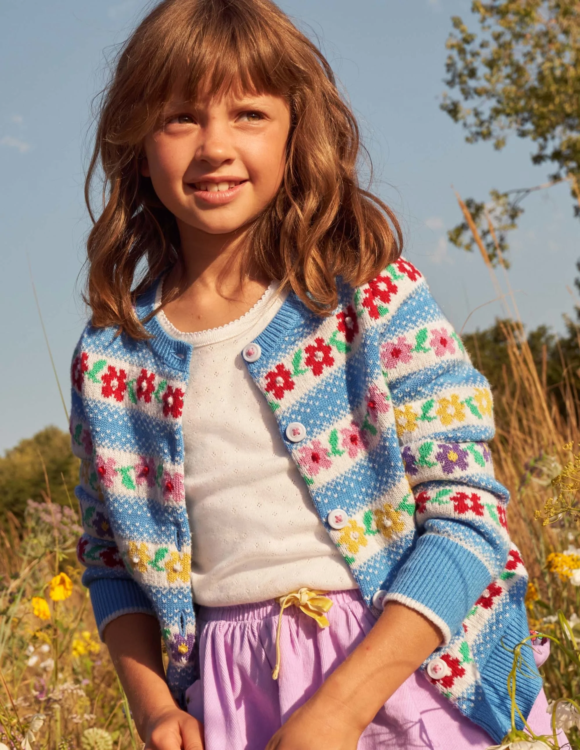 Blue Floral Fair Isle Cardigan-Blau, Blumen-Fair-Isle-Muster - Image 6
