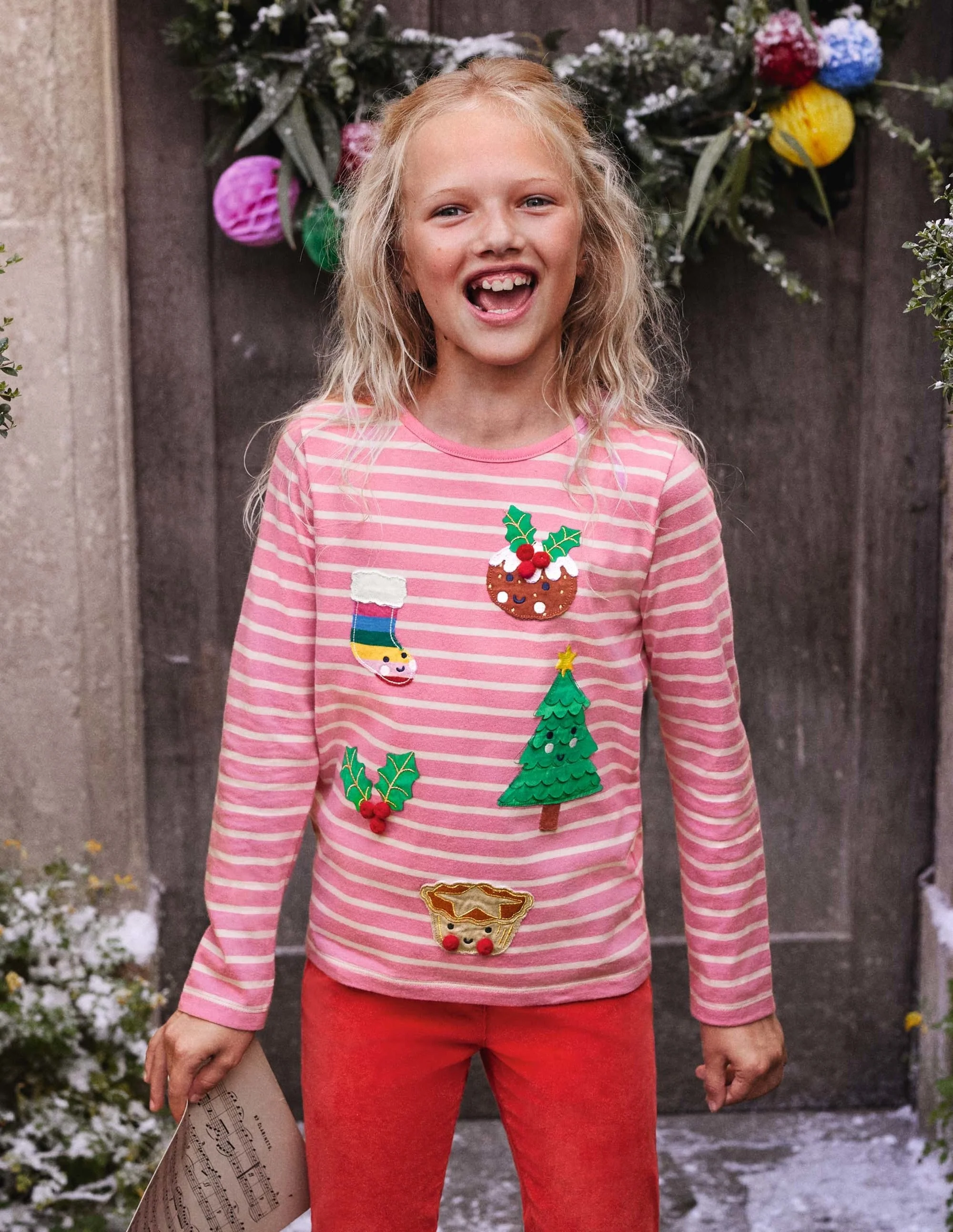 Bretonshirt mit 3D-Applikation-Blütenrosa/Naturweiß, Festliches Muster - Image 4
