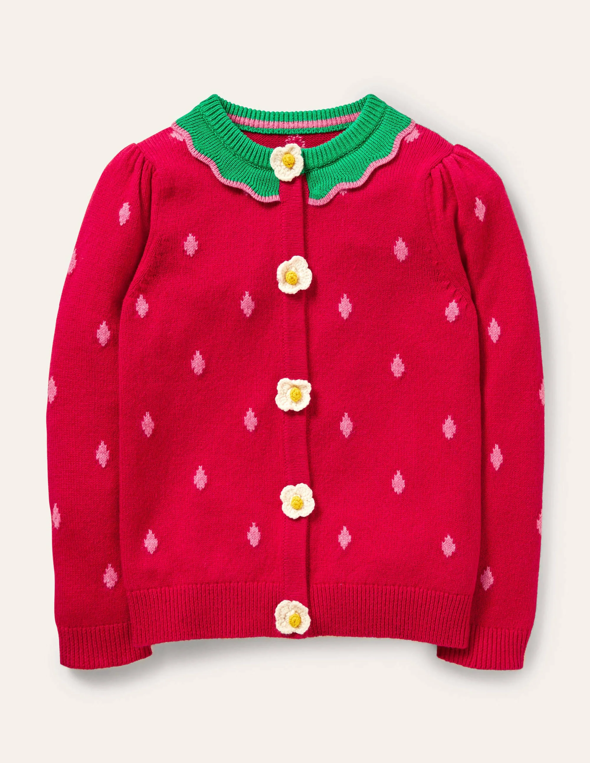 Cardigan mit Erdbeerapplikation-Mohnblumenrot, Erdbeere