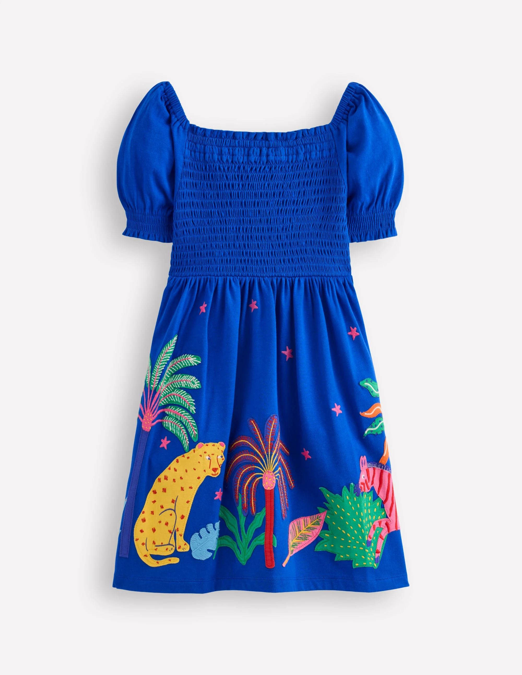 Clare Gesmoktes Kleid mit Applikation-Blau Safari Tiere