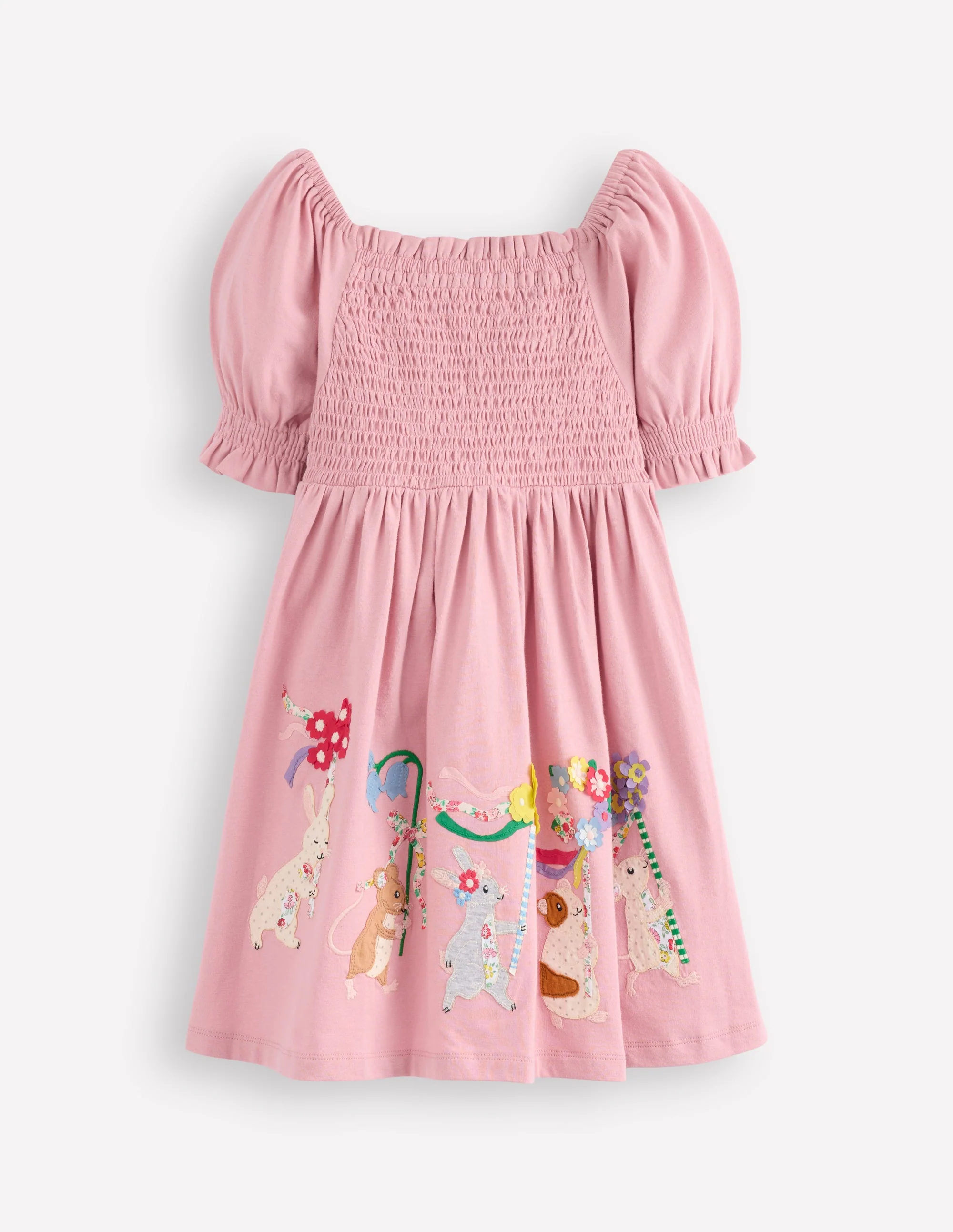 Clare Gesmoktes Kleid mit Applikation-Vintage-Rosa Maifeiertag Tiere