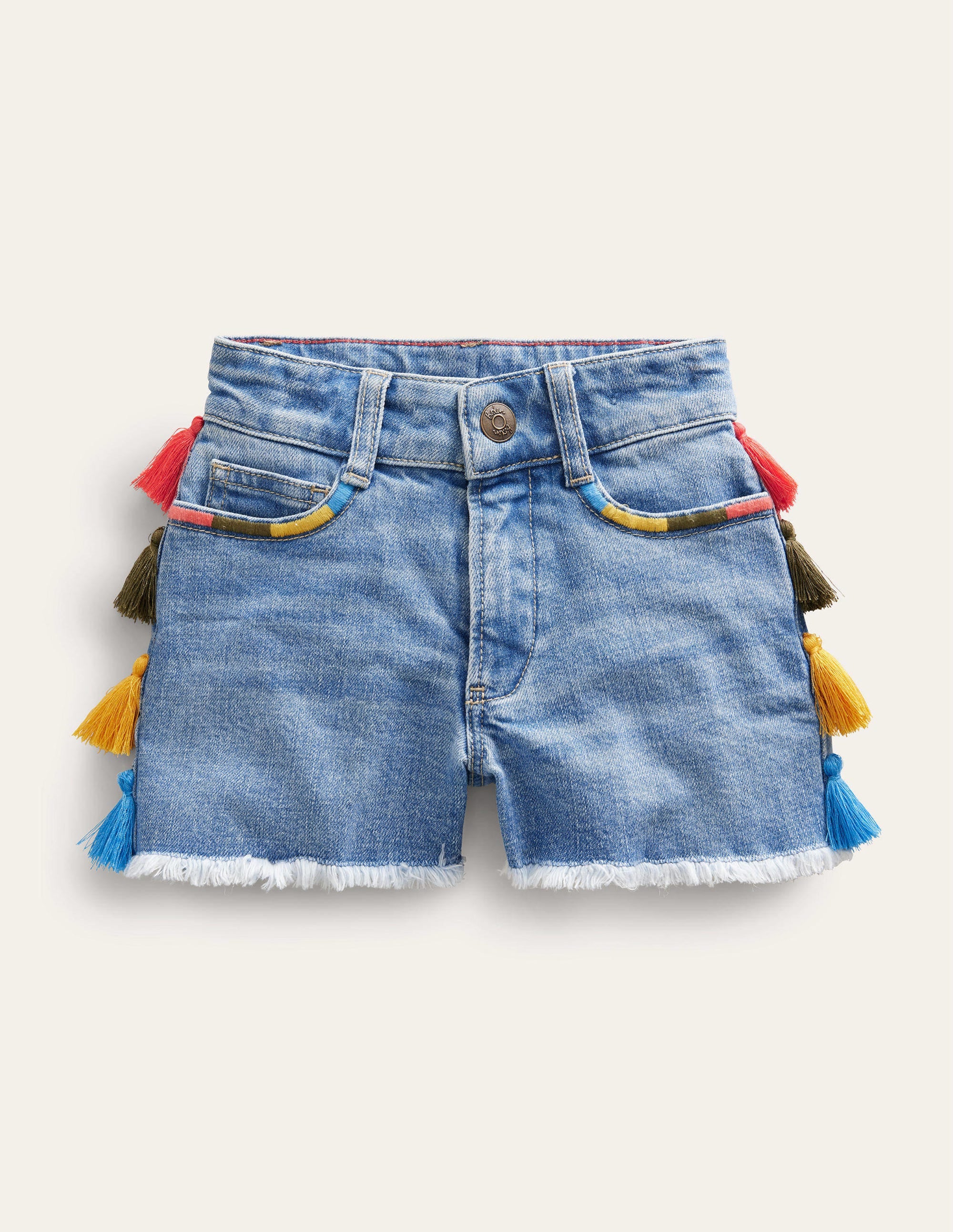 Denim-Shorts mit Quasten-Helles Vintageblau, Gewaschen