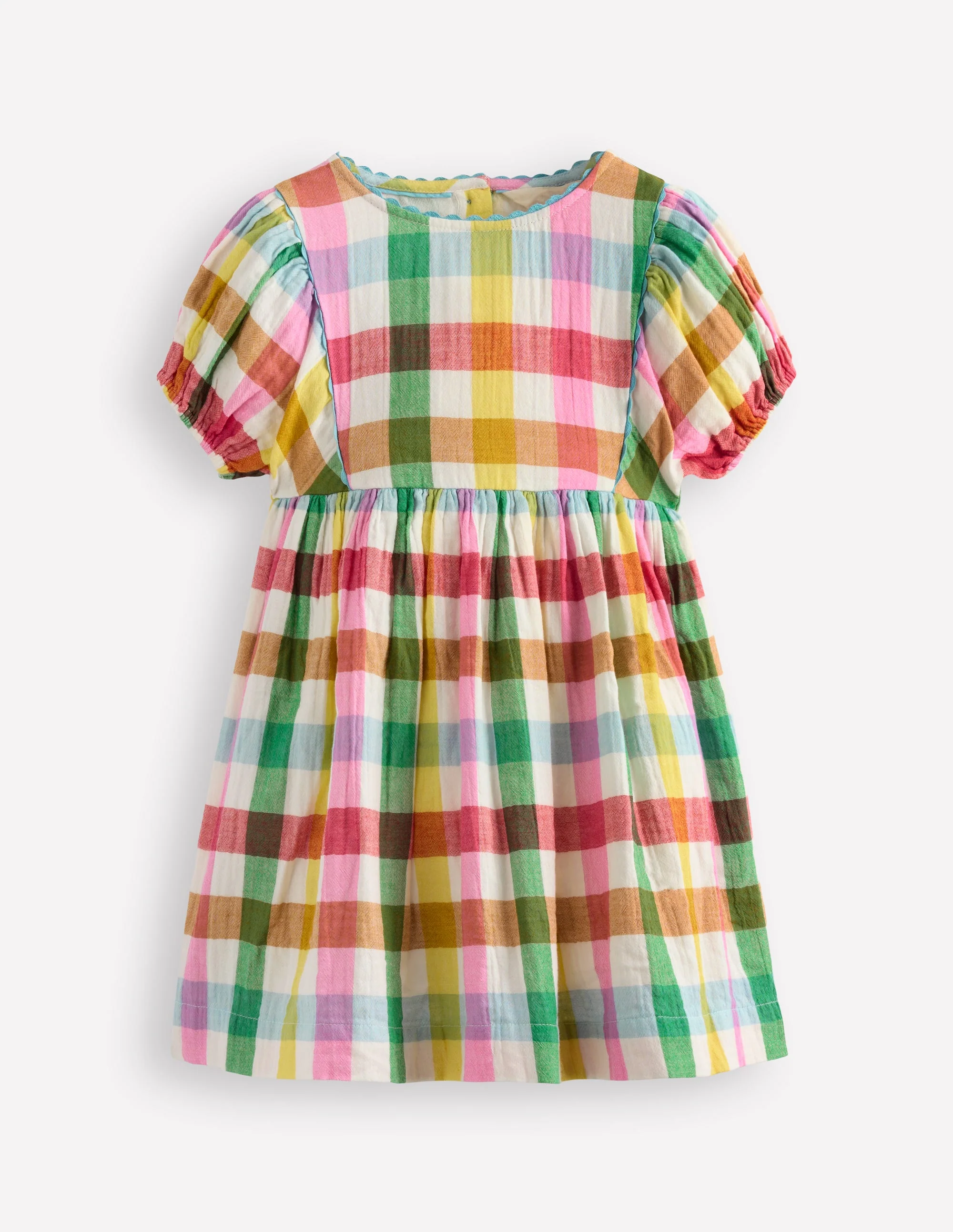 Doppeltuch-Kleid mit Puffärmeln-Bunt Karomuster