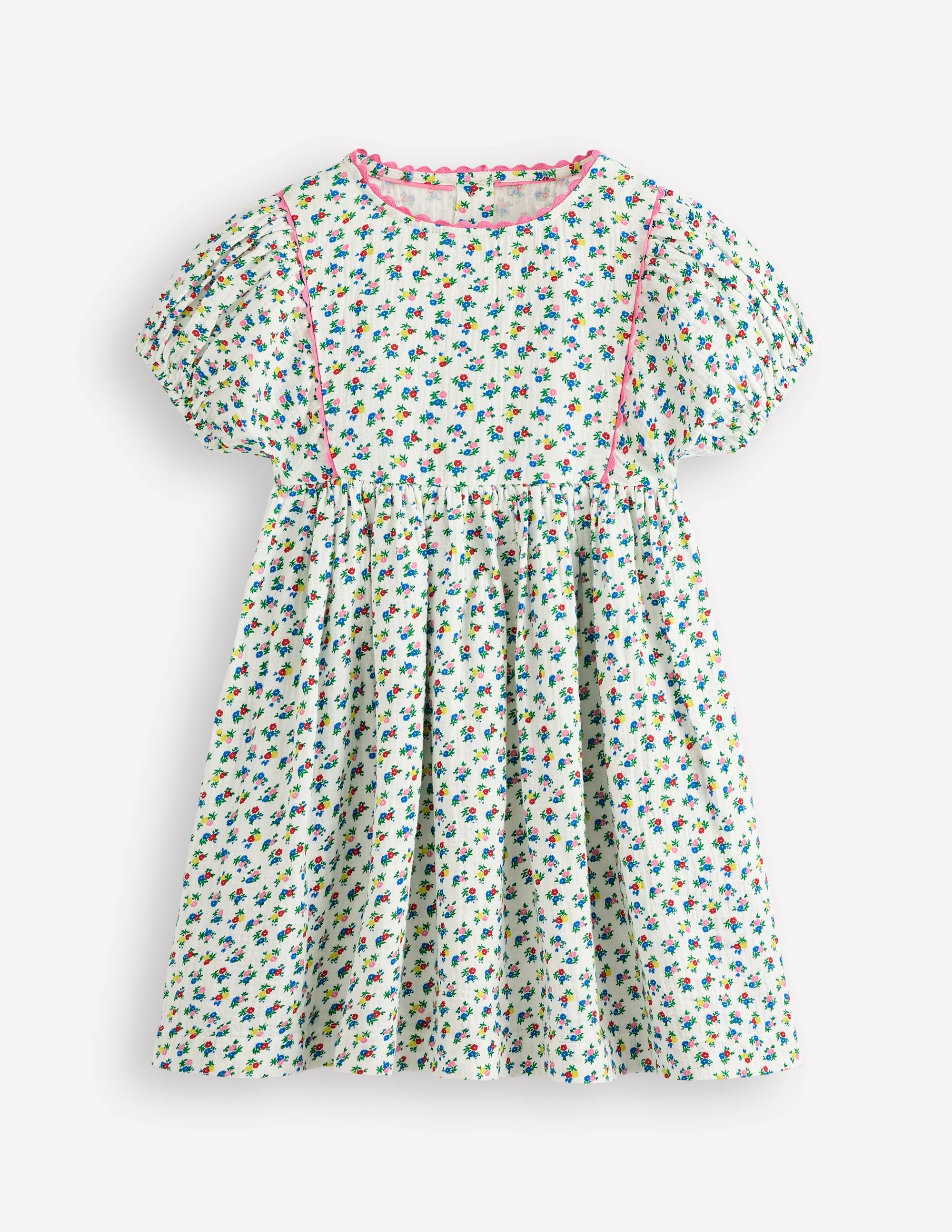 Doppeltuch-Kleid mit Puffärmeln-Naturweiß Kleines Blumenmuster