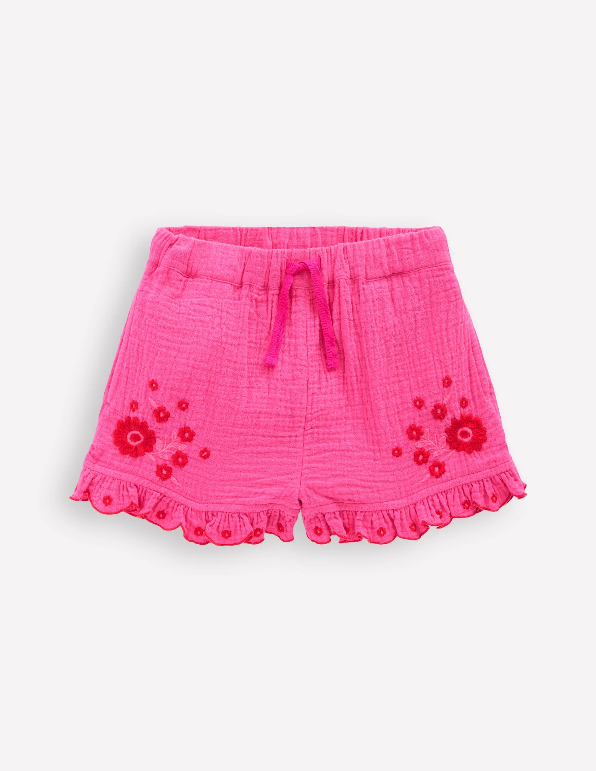 Doppeltuch-Shorts mit Rüschensaum-Sorbet-Rosa Stickerei