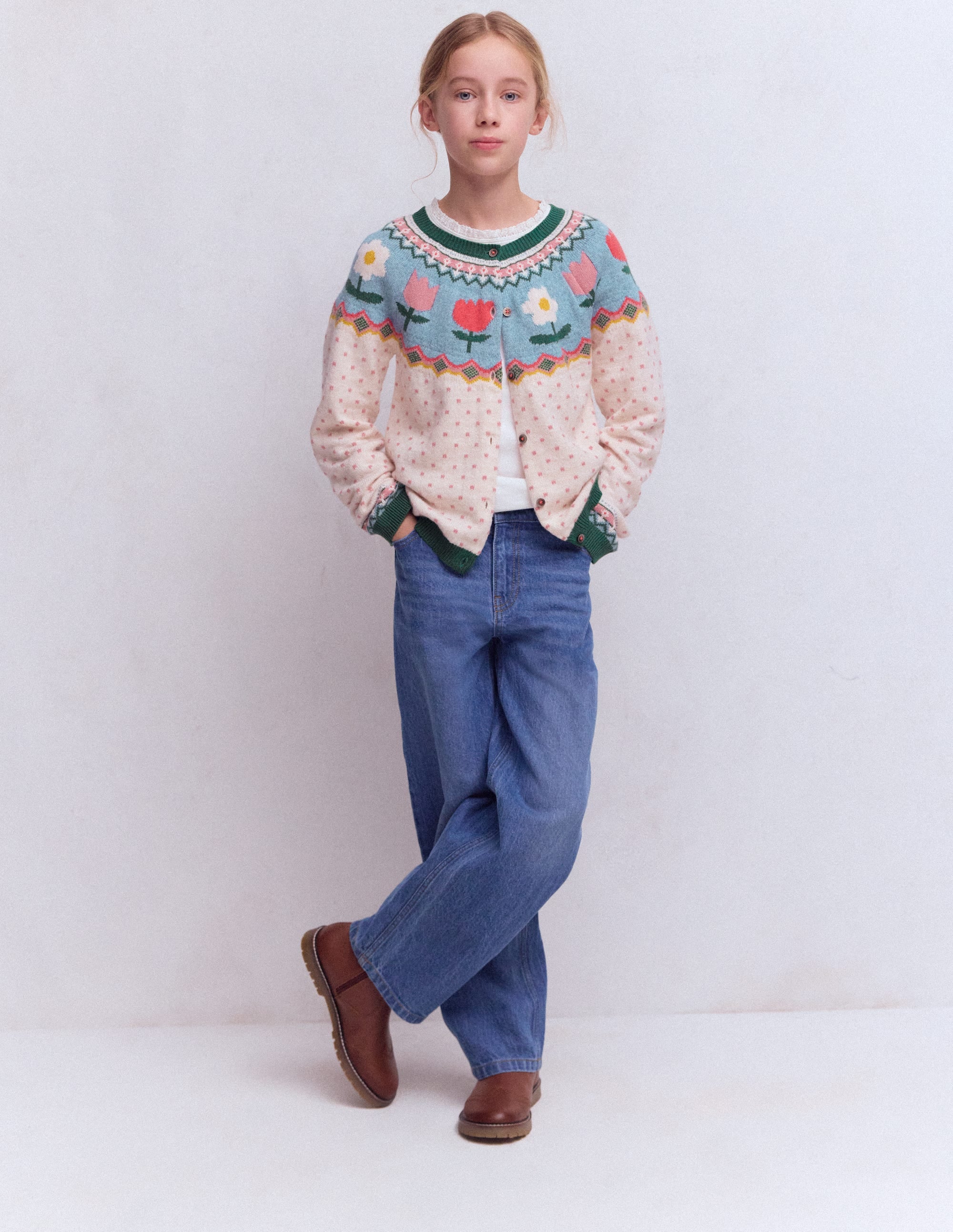 Edie Fair-Isle-Strickjacke-Beige Meliert Punkte Blumen - Image 2