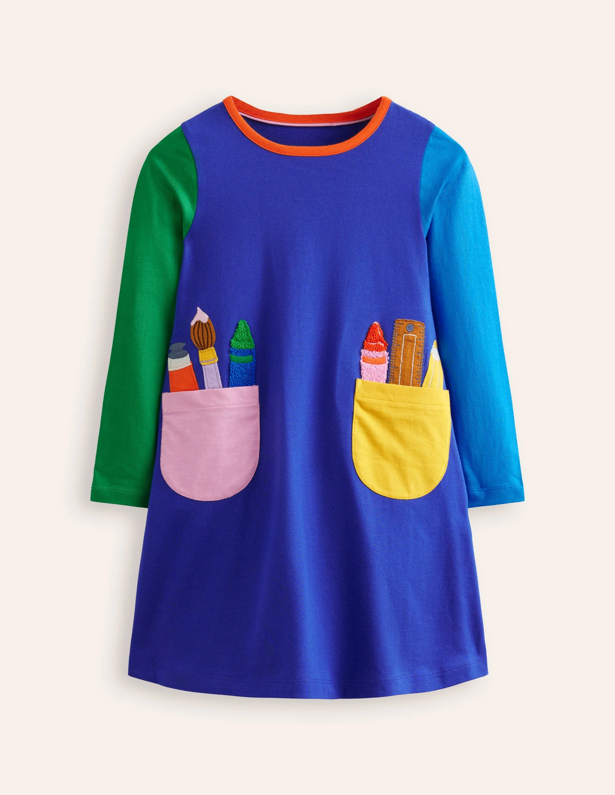 Elsie Kleid mit großen Applikationen-Blaue Schulutensilien-Taschen