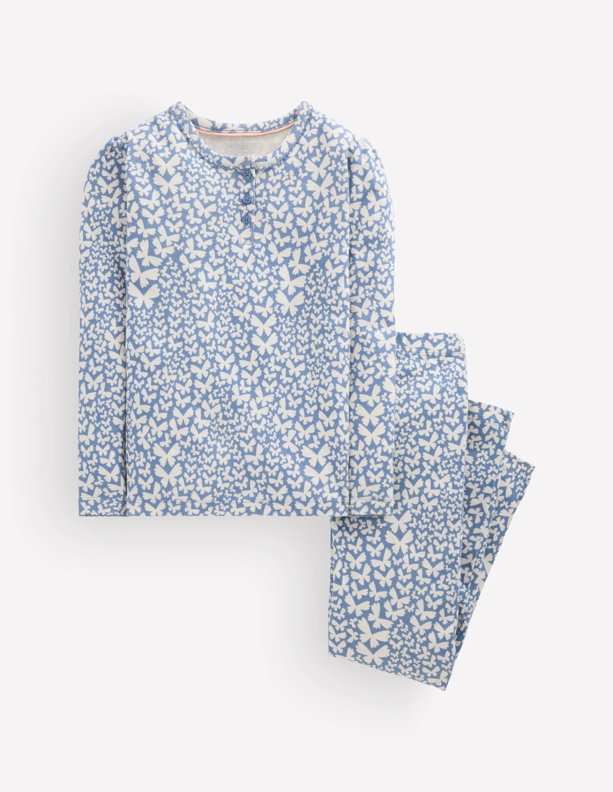 Eng anliegender Henley-Schlafanzug-Blau, Schmetterlinge