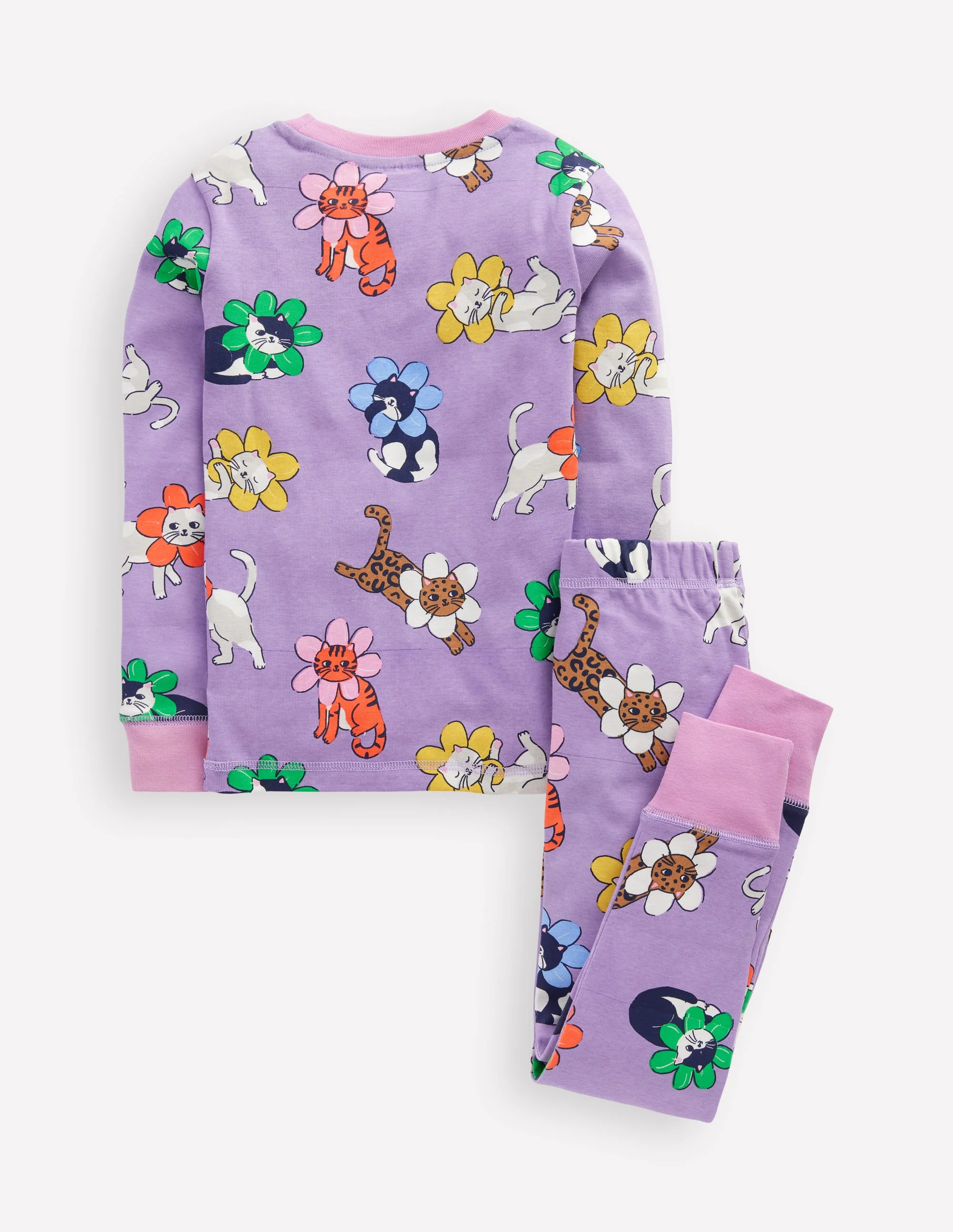Eng anliegender, langer Schlafanzug-Asternlila Blumen Katzen - Image 2