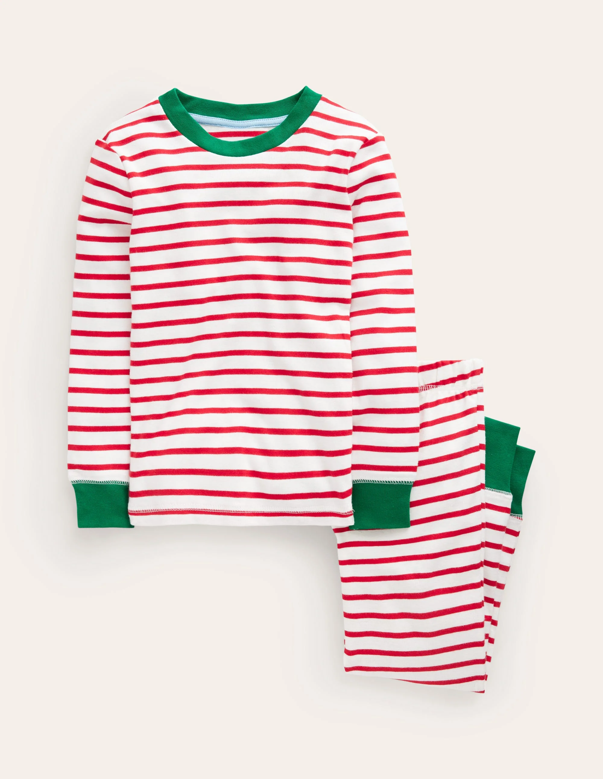 Eng anliegender, langer Schlafanzug mit Streifenmuster-Rockabilly-Rot/Naturweiß
