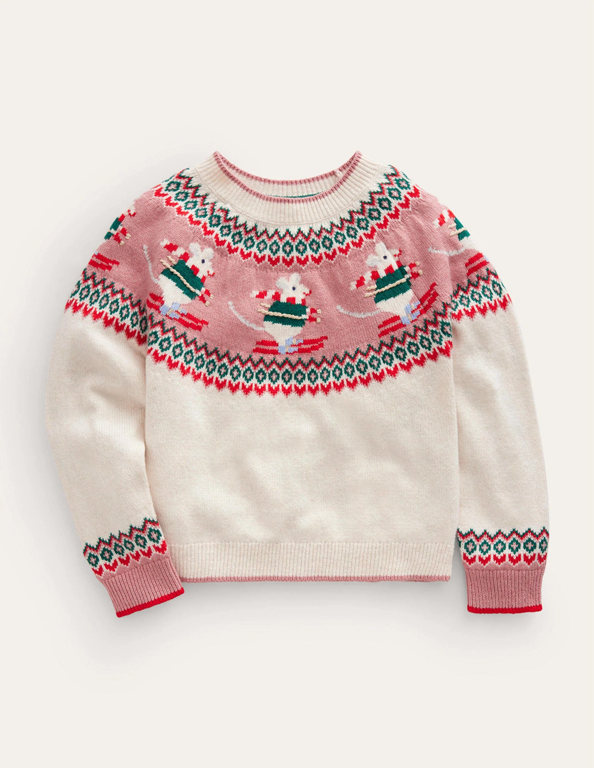 Fair-Isle-Pullover-Beige Meliert Skifahrende Mäuse