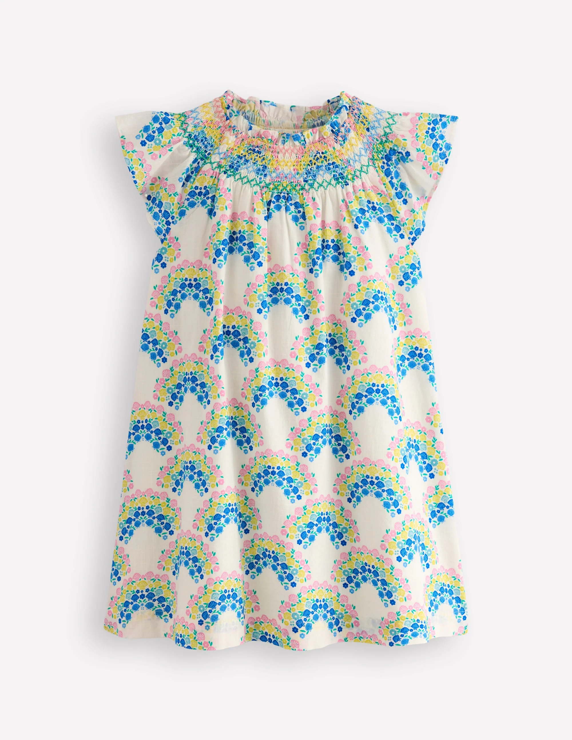 Freizeitkleid mit Smokdetail-Sanftes Naturweiß Regenbogen Muscheln