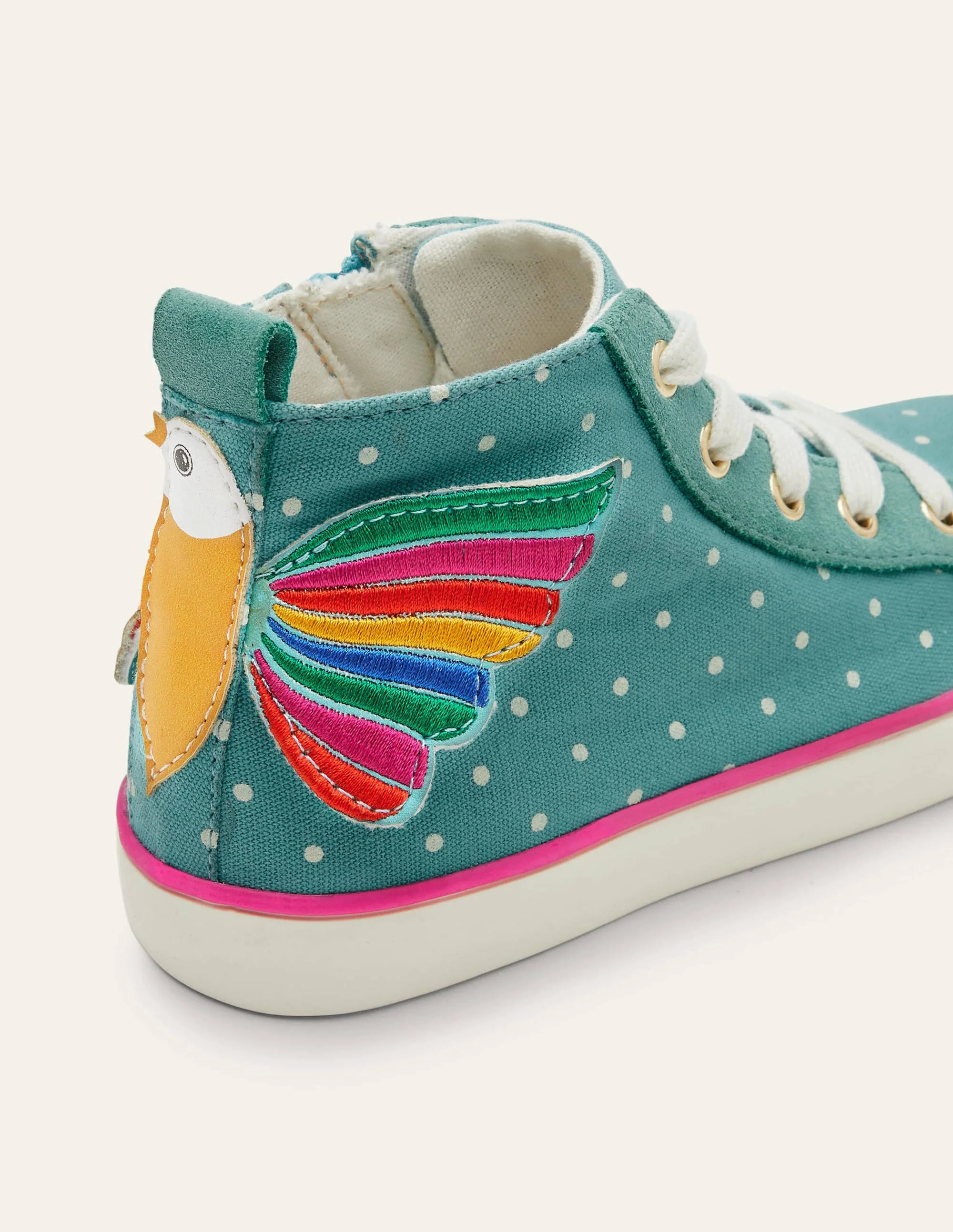 Fröhliche hochgeschnittene Turnschuhe-Bachblau, Regenbogen-Vogel - Image 3