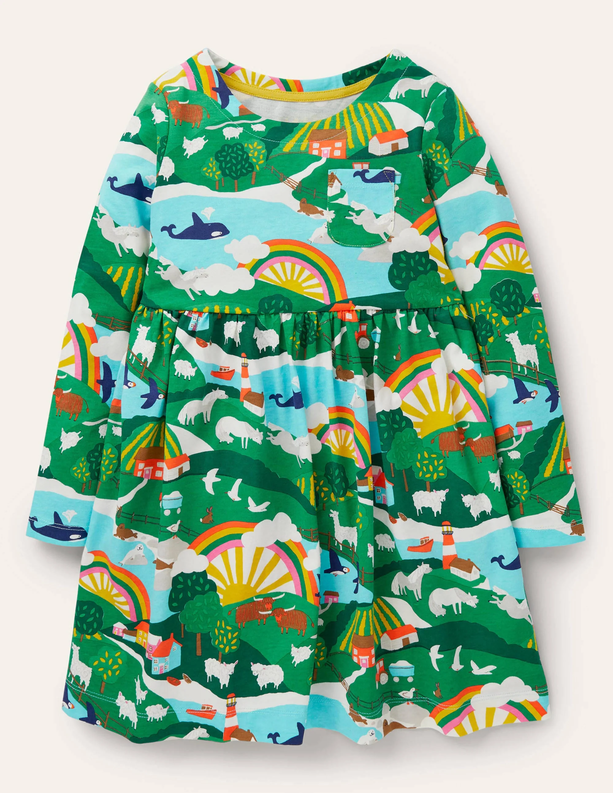 Fröhliches Jerseykleid mit langen Ärmeln-Bunt, Landschaft/Sonnenaufgang