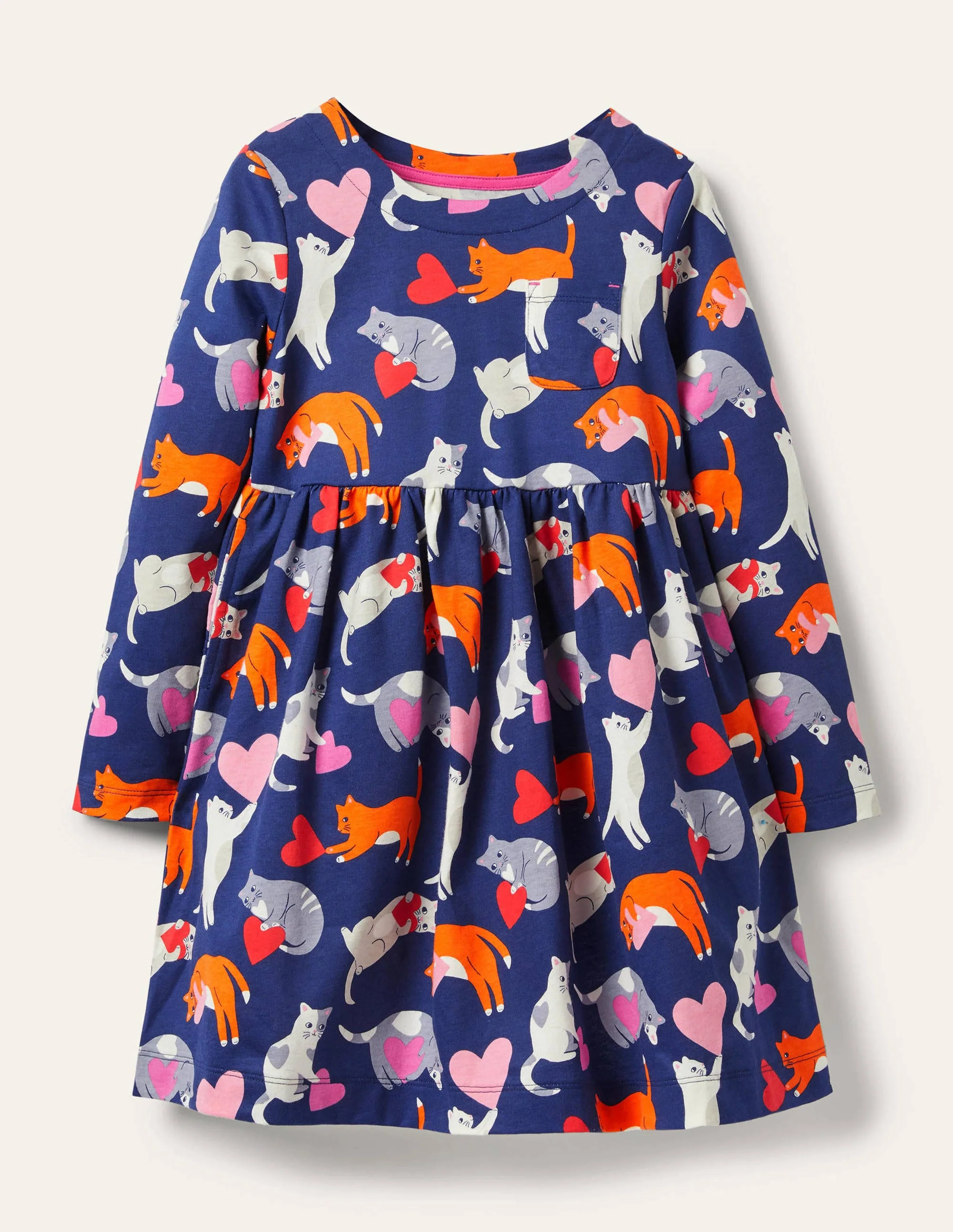 Fröhliches Jerseykleid mit langen Ärmeln-Segelblau, Katzen/Herzen