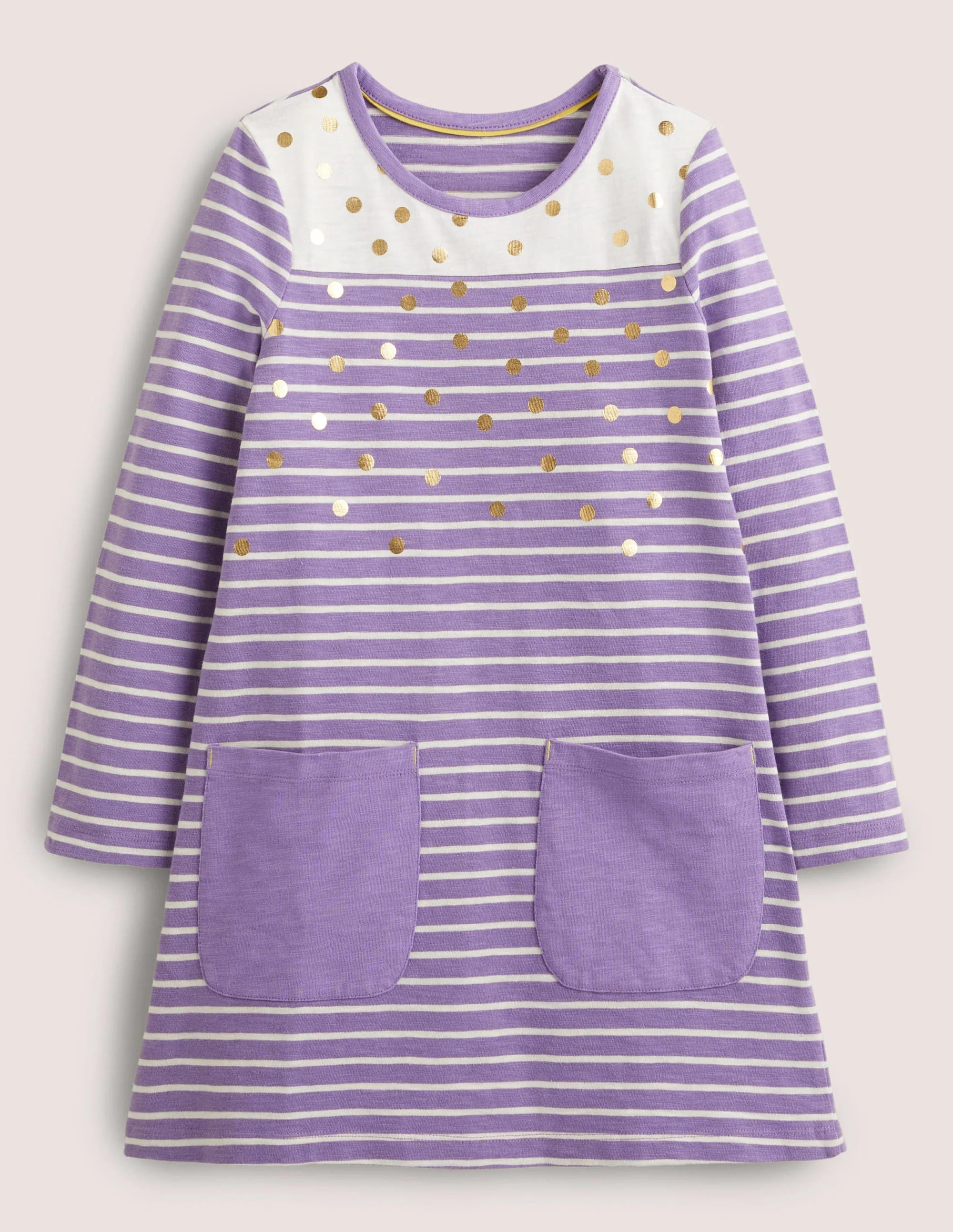 Fröhliches Jerseykleid mit Tasche-Asternviolett/Naturweiß, Folientupfen