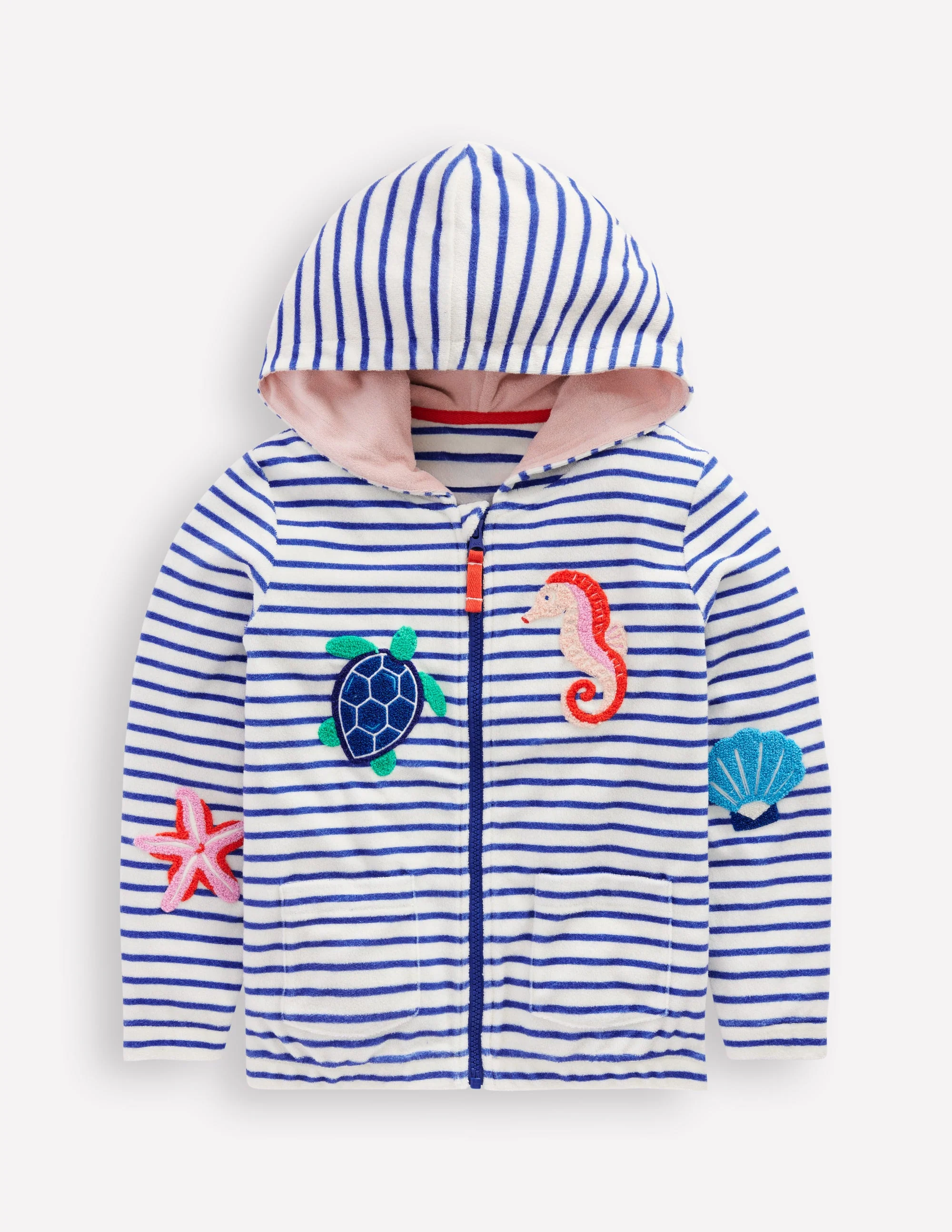 Frottee-Kapuzenjacke-Naturweiß/Leuchtendes Meeresblau Streifen