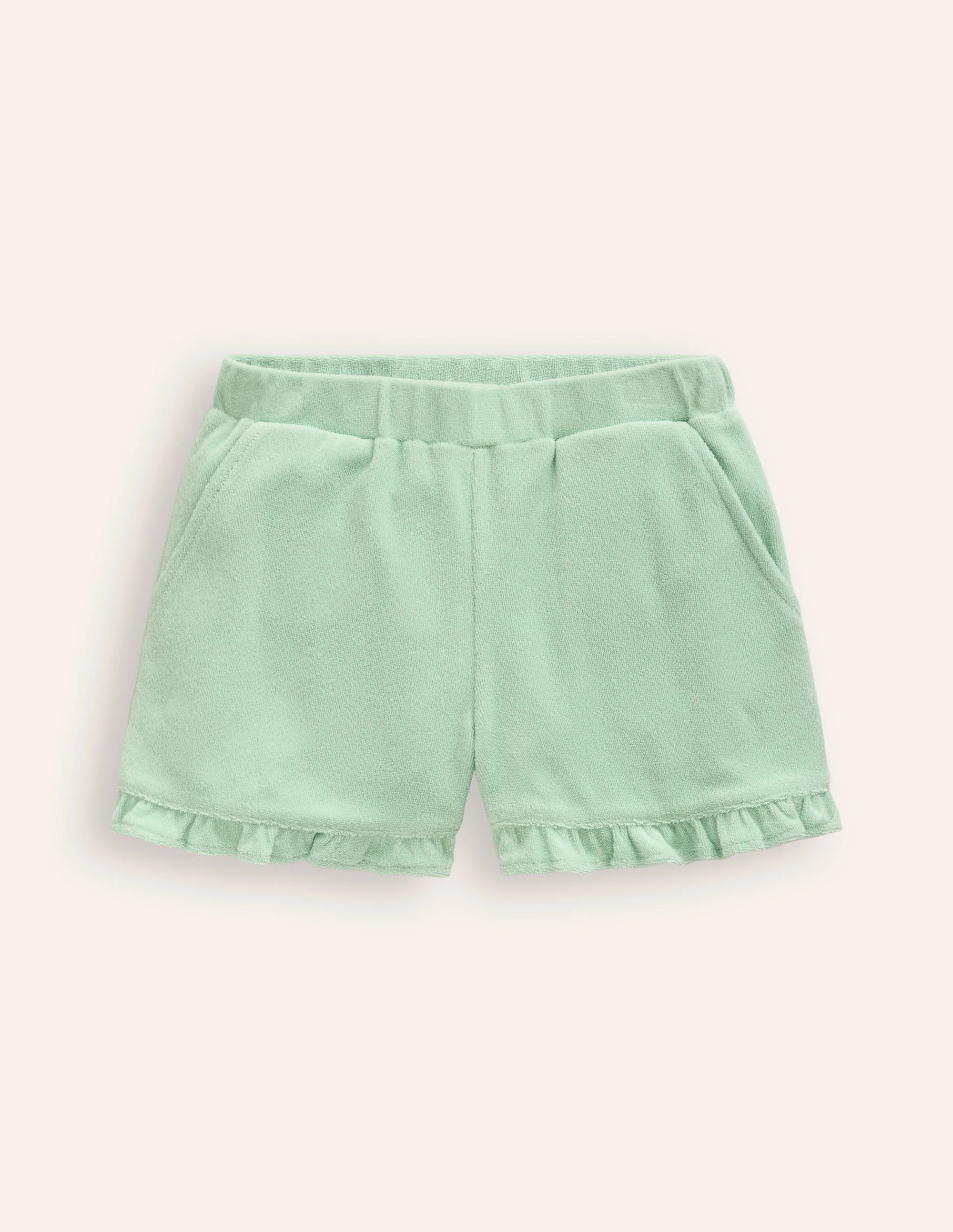 Frottee-Shorts mit Rüschensaum-Pistaziengrün