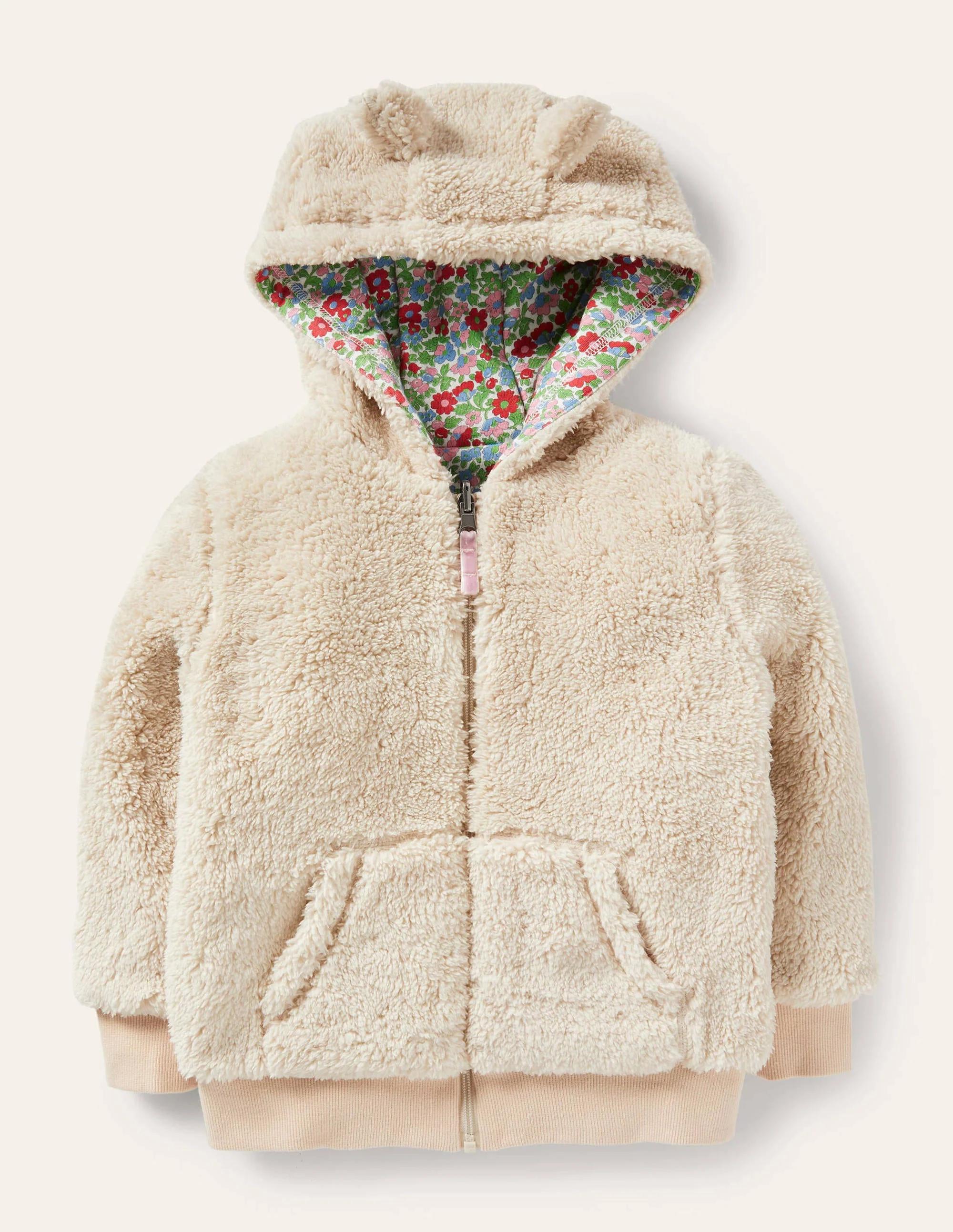 Gemütlicher Wende-Hoodie aus Borg-Beige, Vintage-Blumenmuster