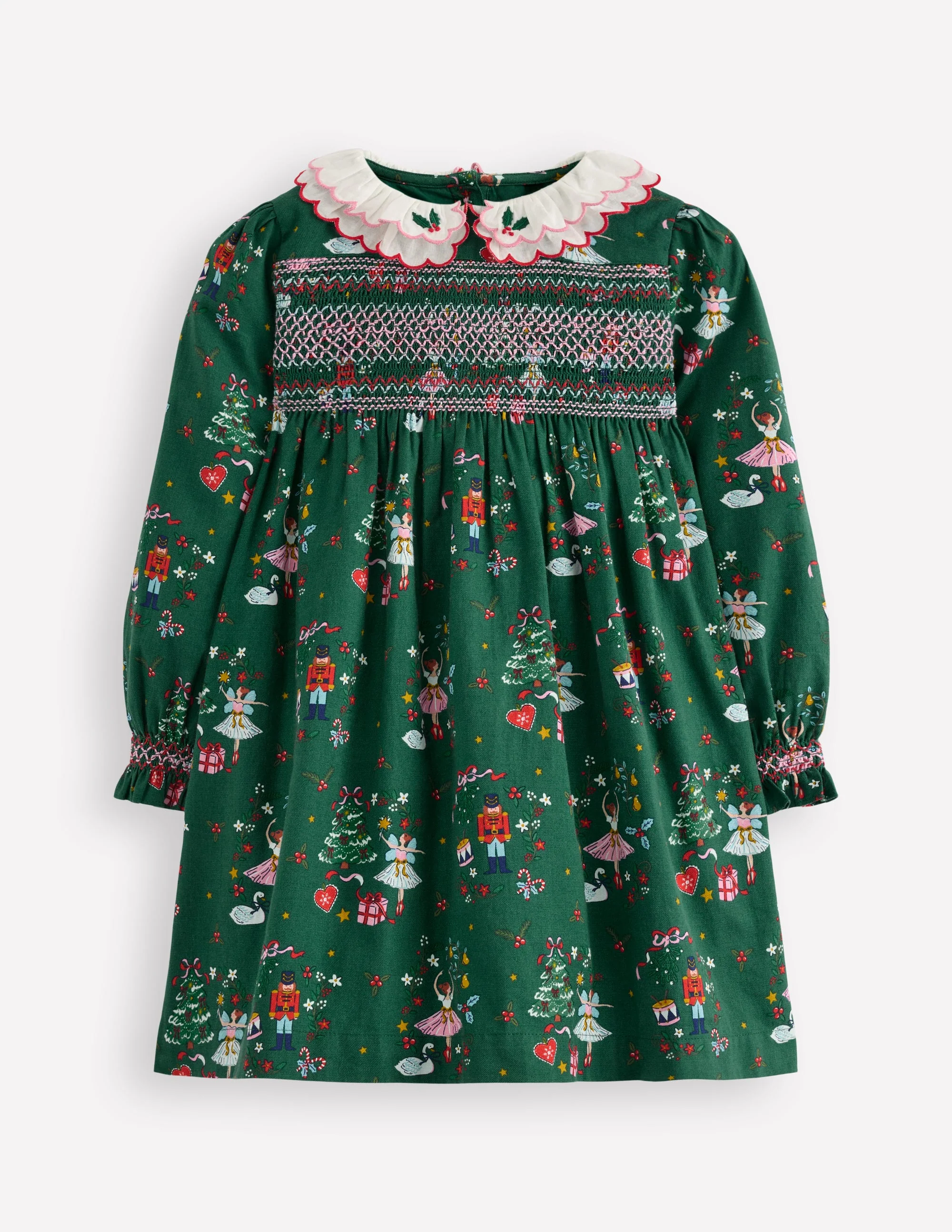 Gemütliches, gesmoktes Kleid mit Kragen-Alpengrün Nussknacker