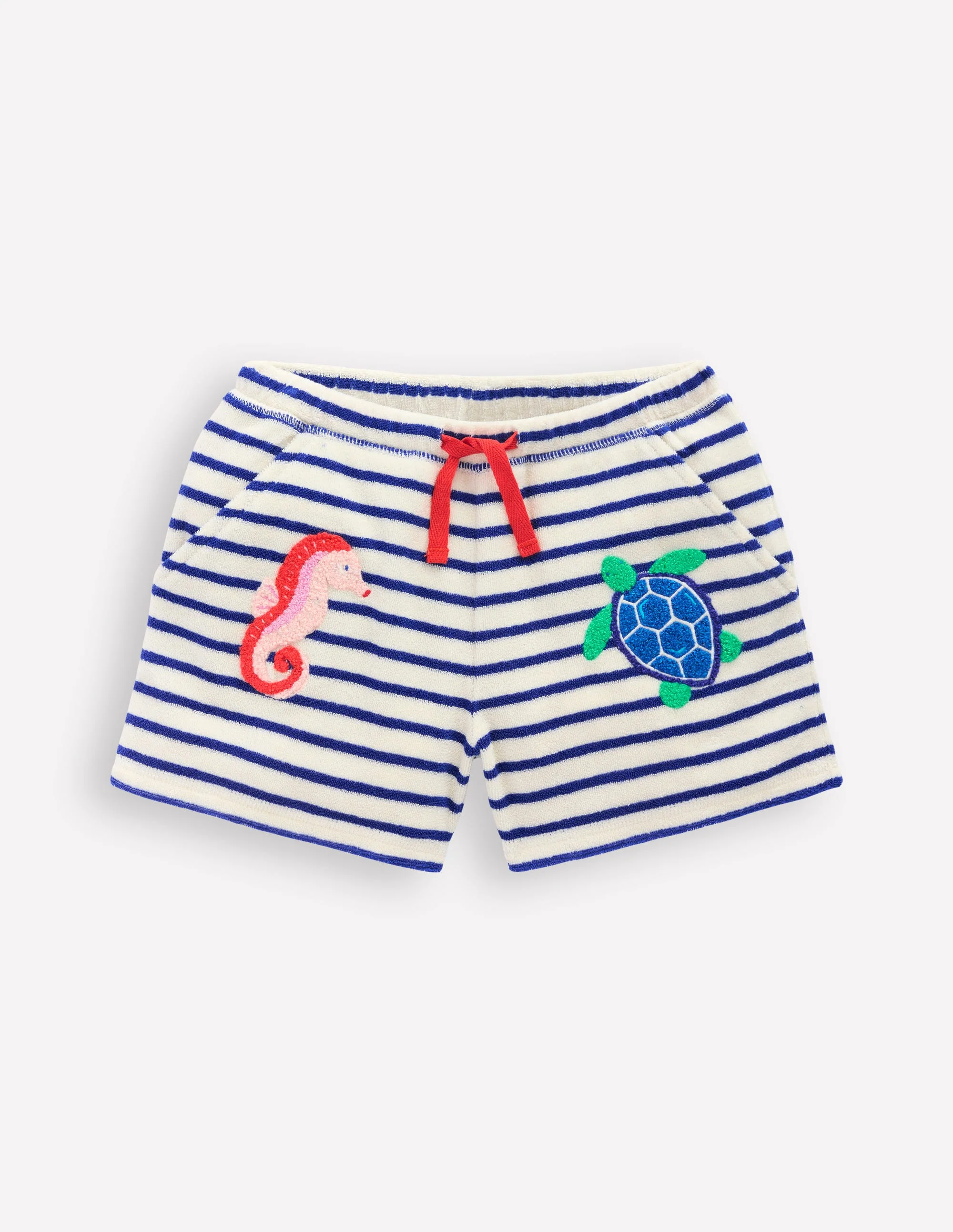 Gemusterte Frottee-Shorts-Weiches Naturweiß/Leuchtendes Meeresblau
