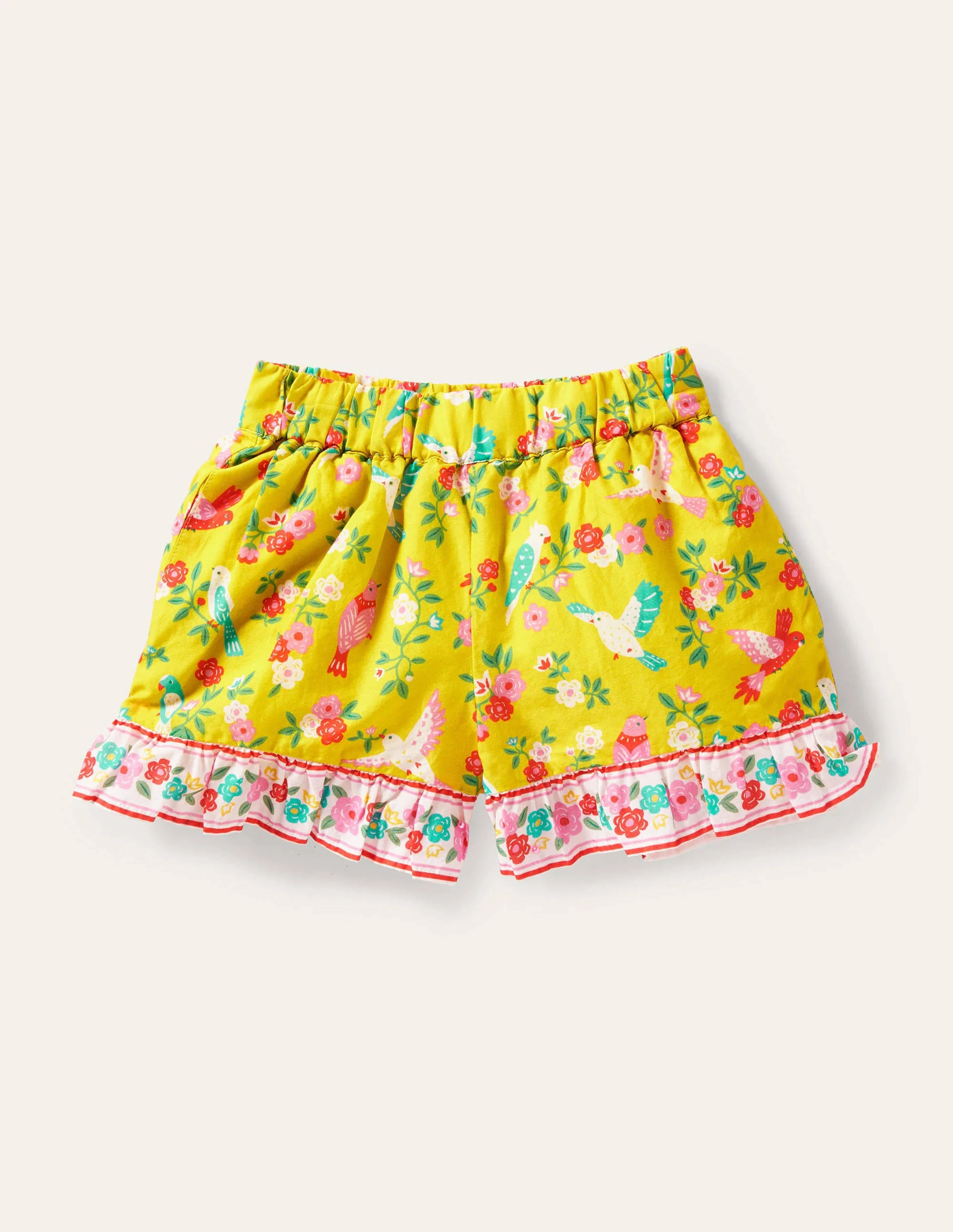 Gemusterte Shorts mit gerüschtem Saum-Maisgelb, Tropenmuster