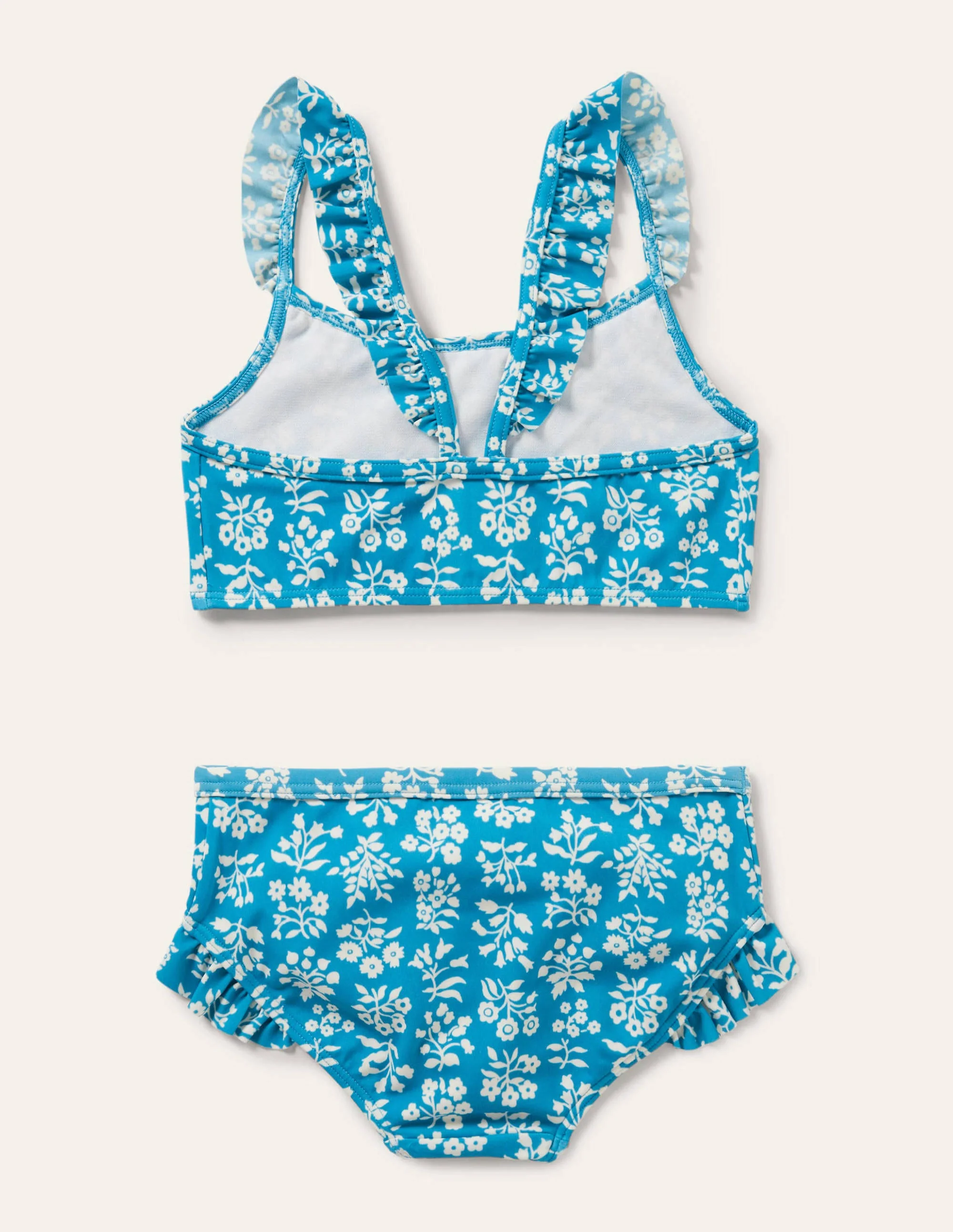 Gemustertes Bikiniset mit Rüschen-Bahamasblau, Holzschnittmuster - Image 2