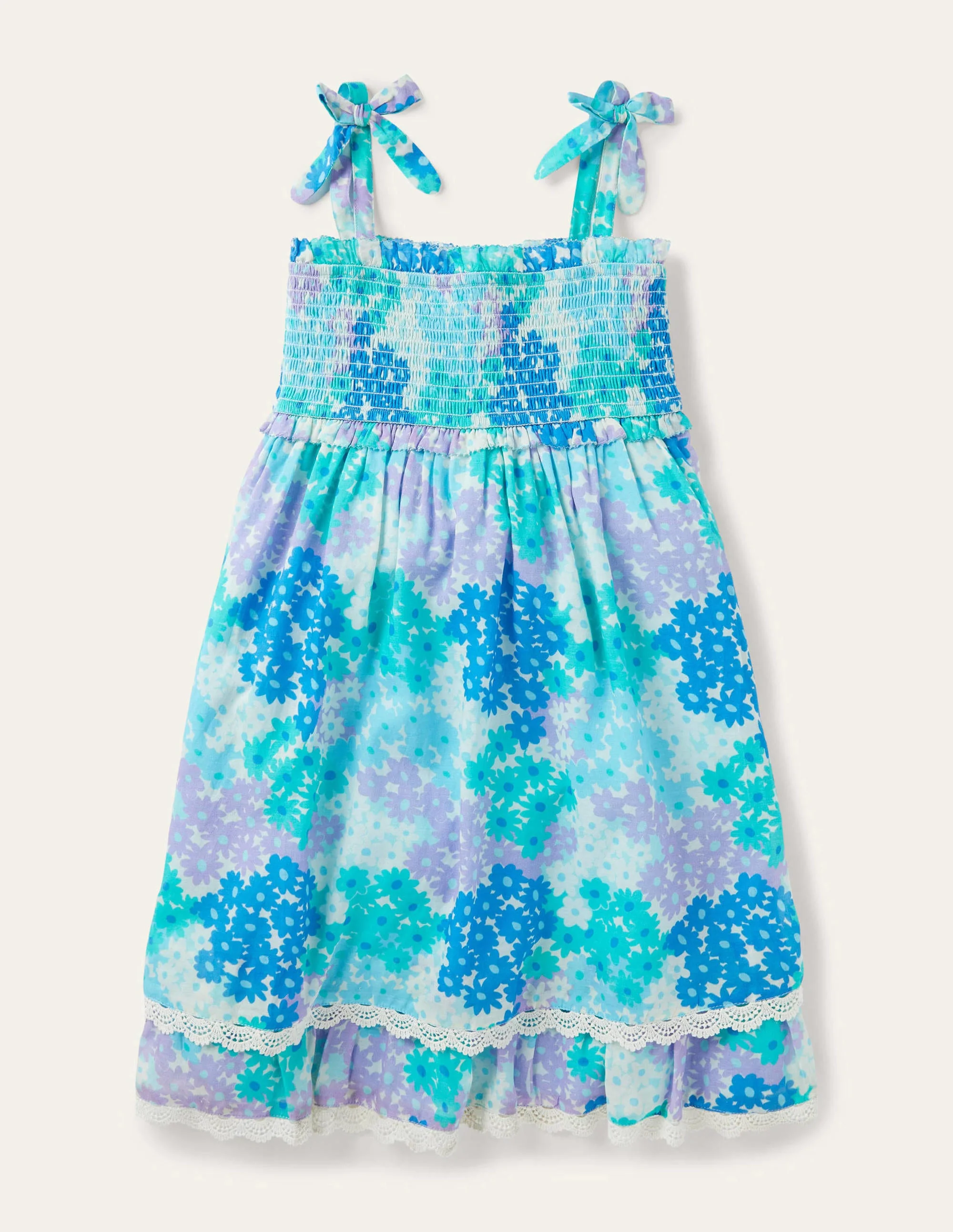 Gemustertes Kleid mit Spitzenborte-Marokkoblau, Gänseblümchenmuster