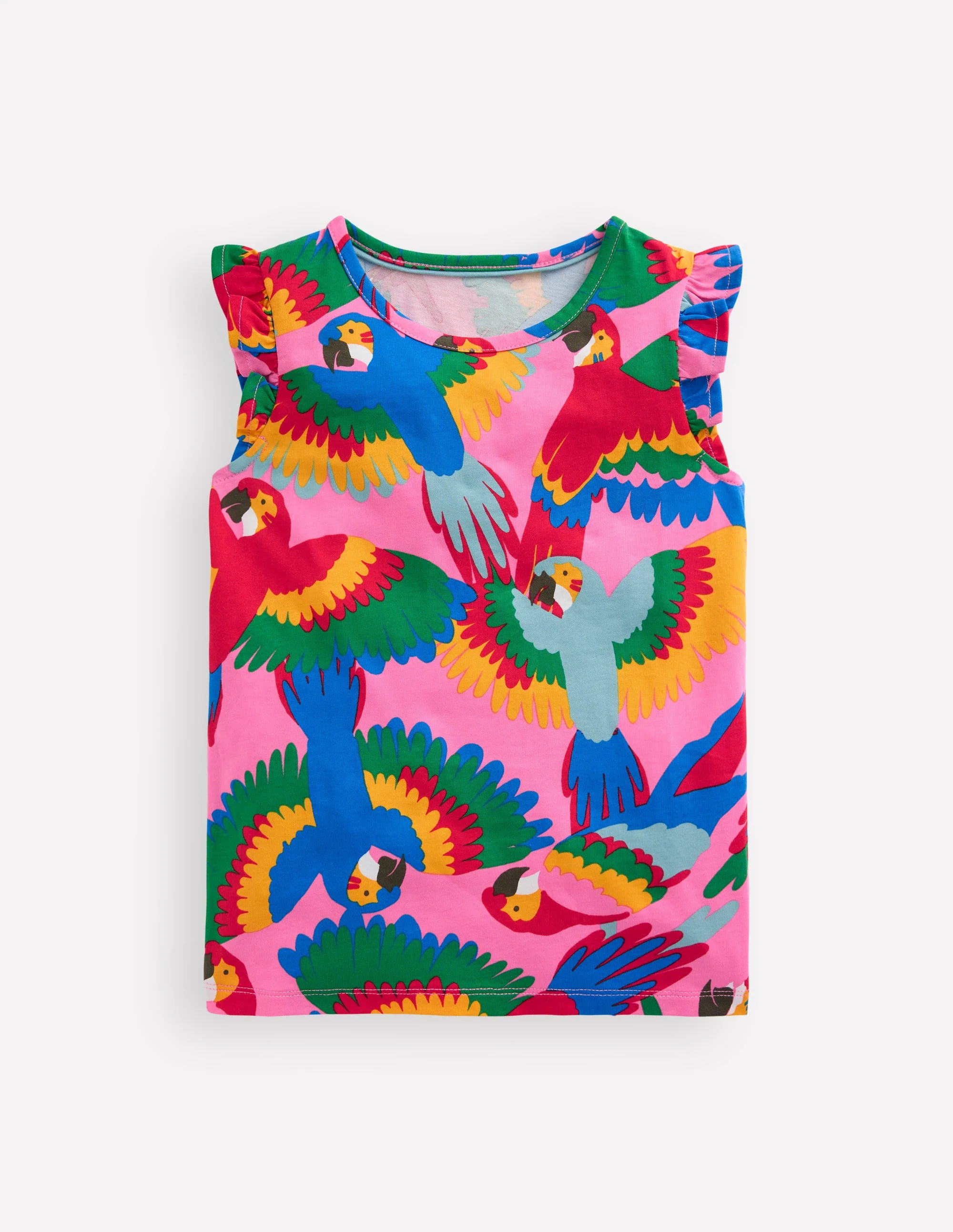 Gemustertes T-Shirt mit Rüschenärmeln-Bunt Regenbogen Papagei