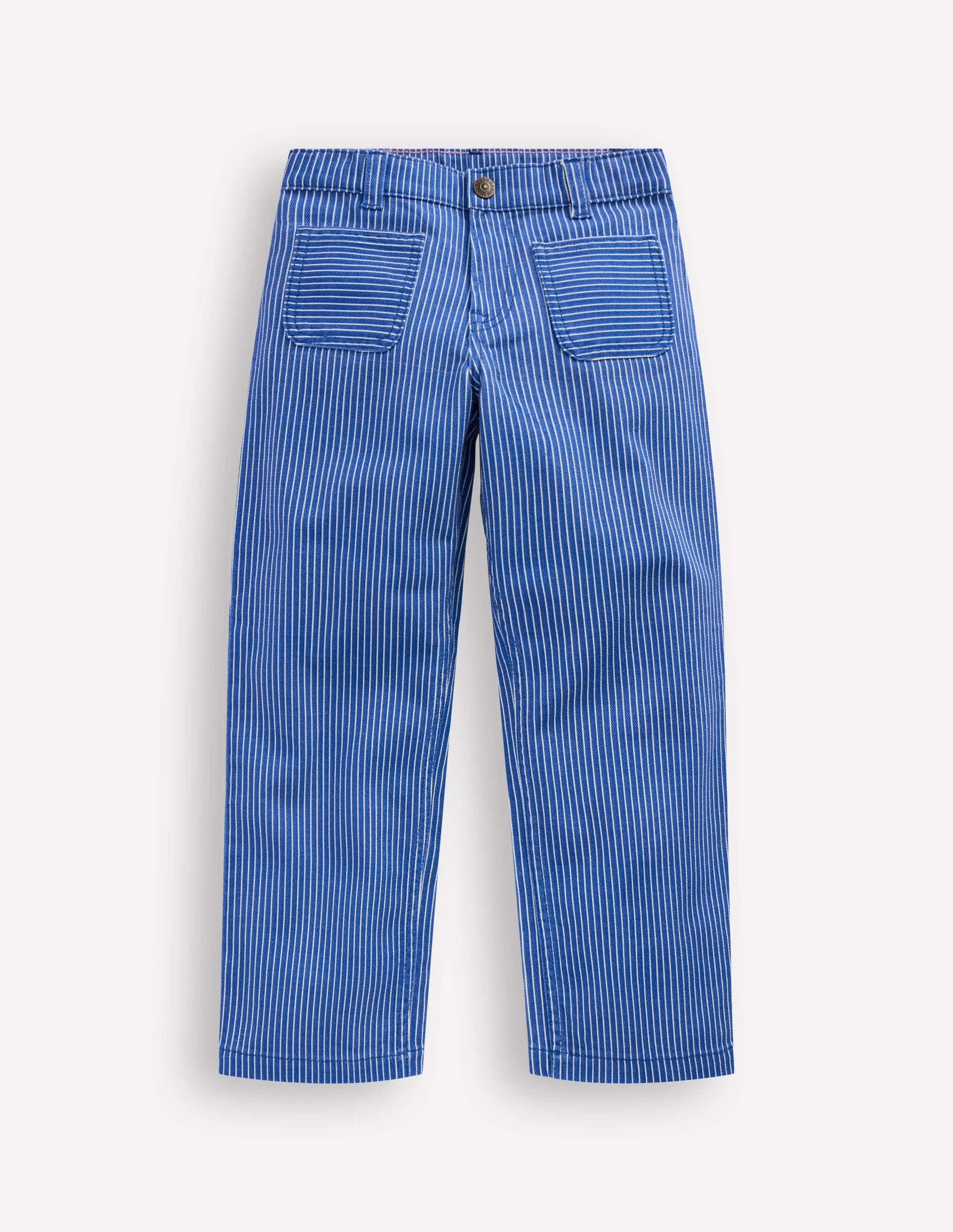Gerade Jeans mit aufgesetzten Taschen-Blau und Naturweiß Drillich Streifen