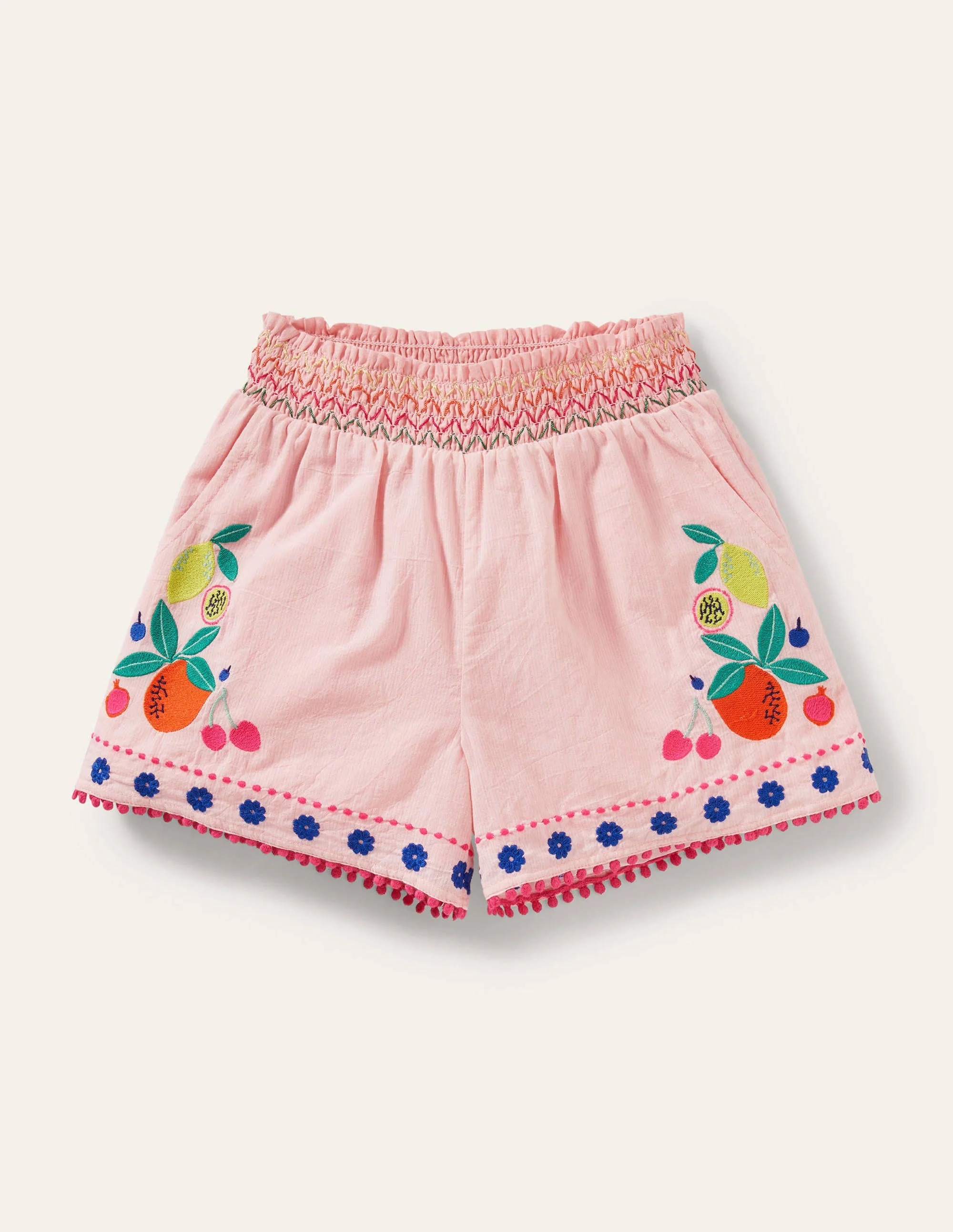 Geraffte Shorts mit Stickerei-Delfinrosa, Früchte