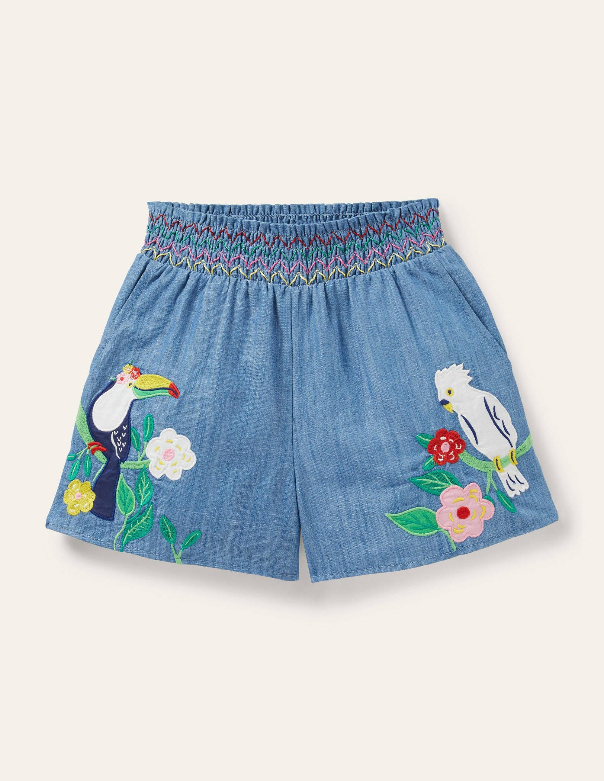 Geraffte Shorts mit Stickerei-Faux-Uni, Vögel