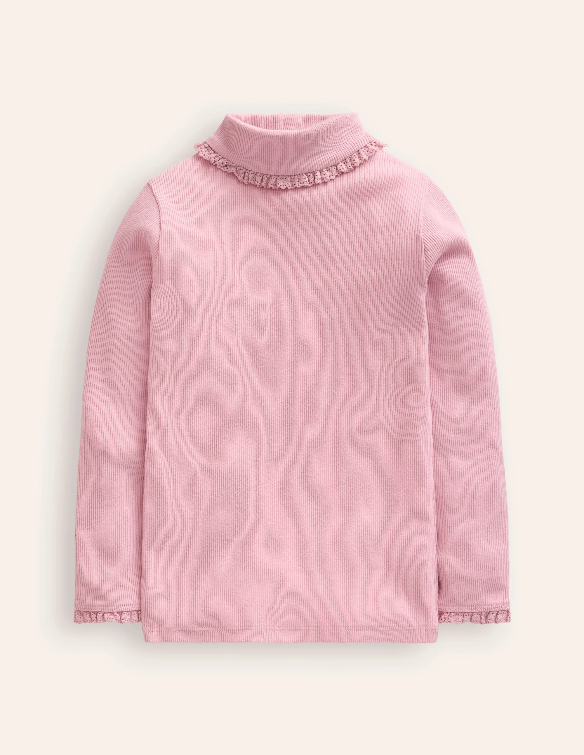 Gerippter Rollkragenpullover mit Spitzenbesatz-Almond Sparkle
