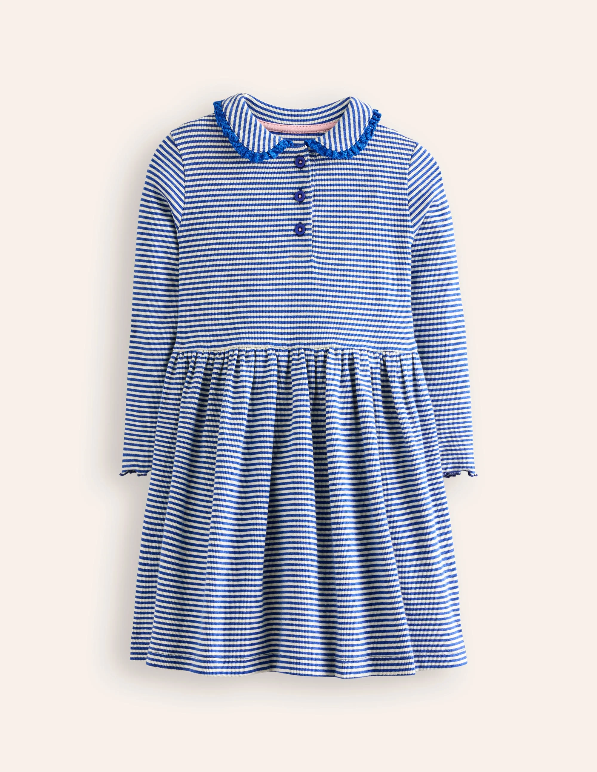 Geripptes Kleid mit Kragen zum Herumwirbeln-Blauhäher/Naturweiß Streifen
