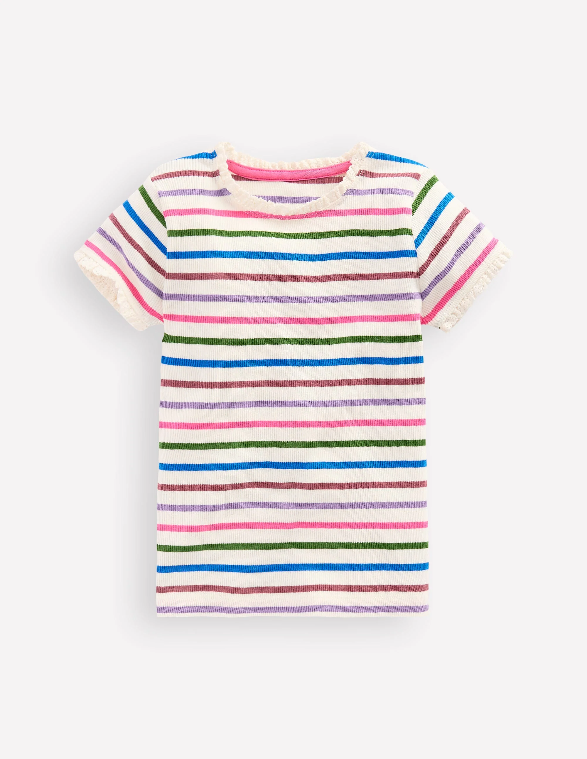 Geripptes Kurzarm-T-Shirt-Ackerbohnengrün/Pink, Gestreift