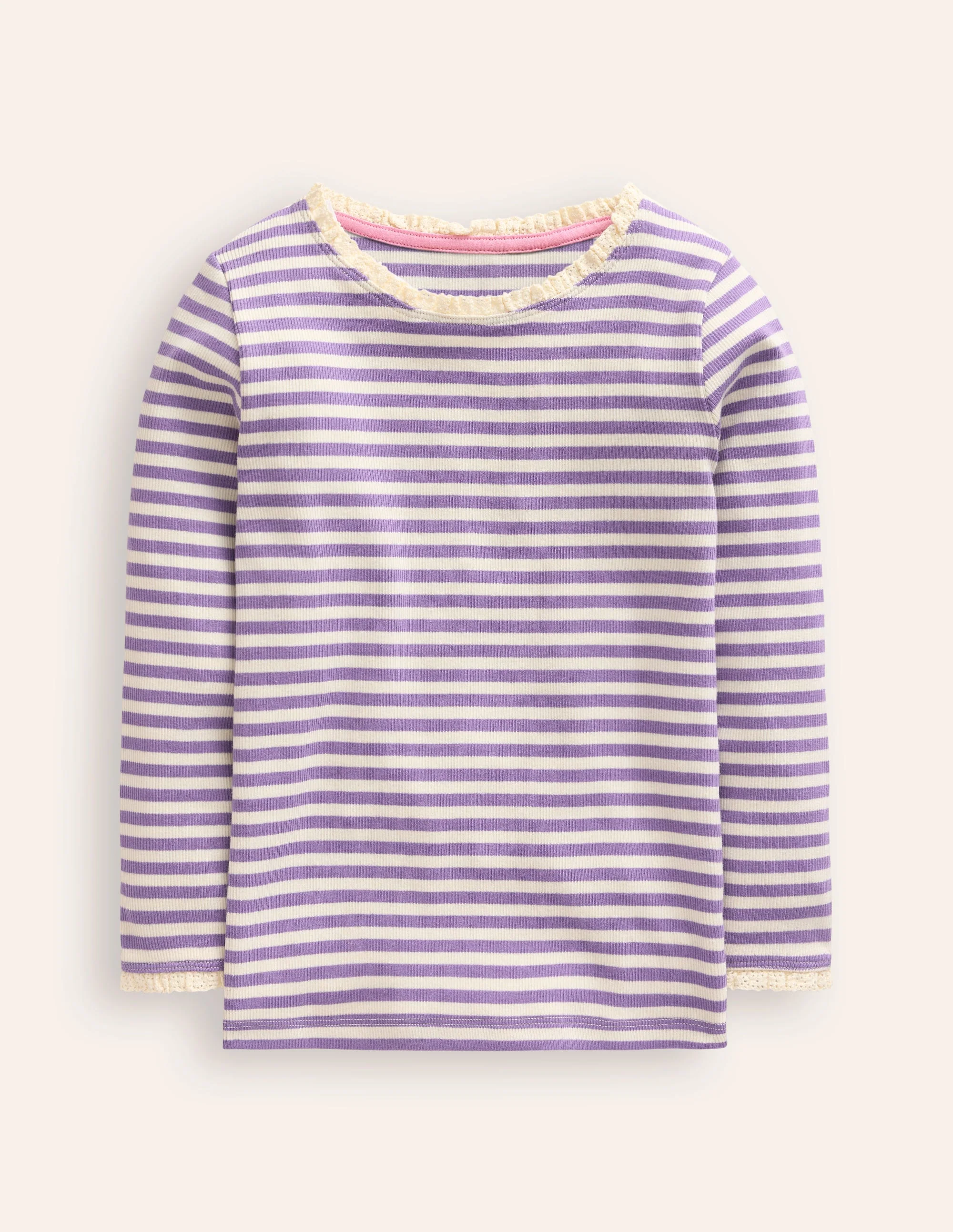 Geripptes Langarmshirt-Asternlila/Naturweiß