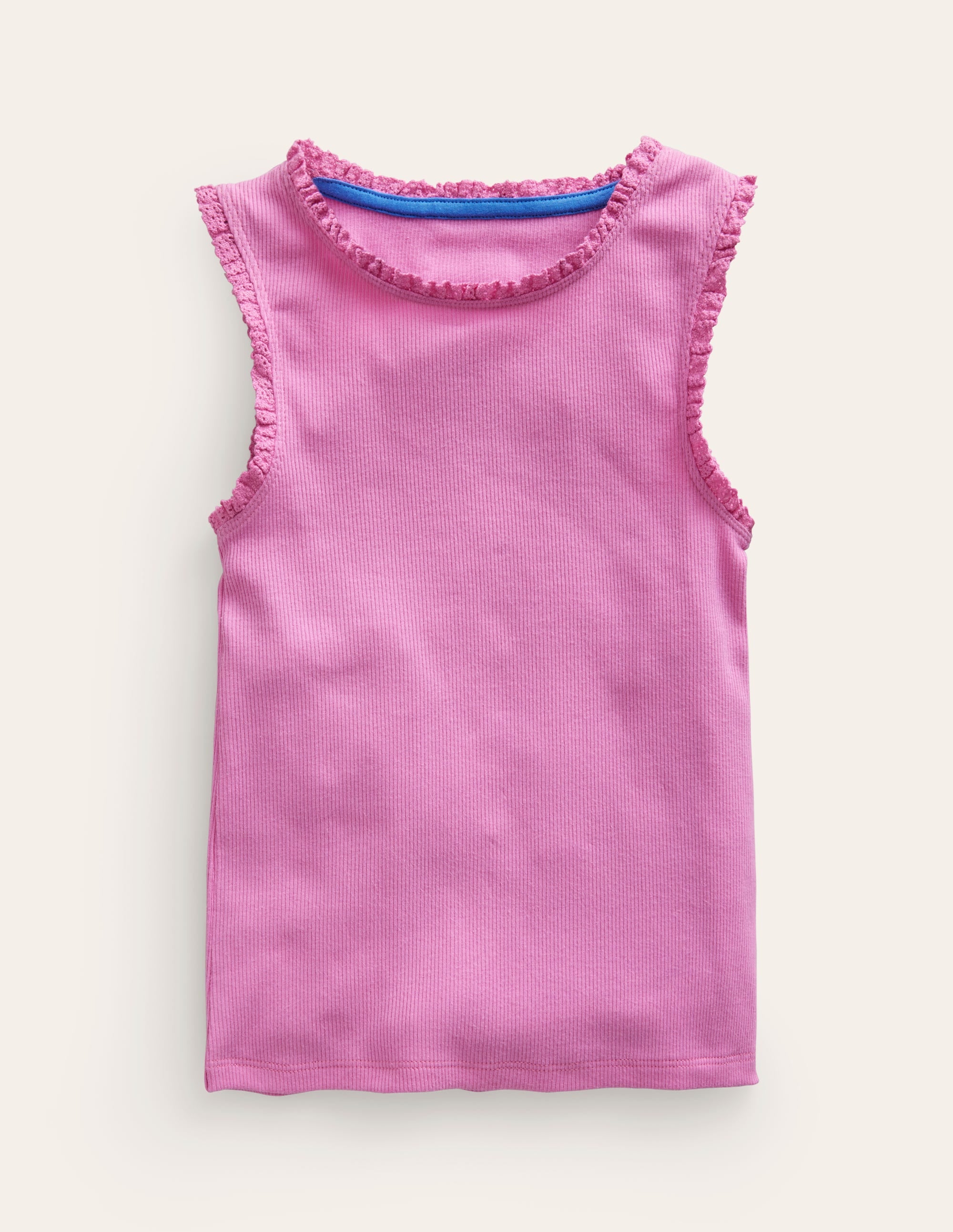 Geripptes Top mit Spitzenbesatz-Pfingstrosen-Rosa