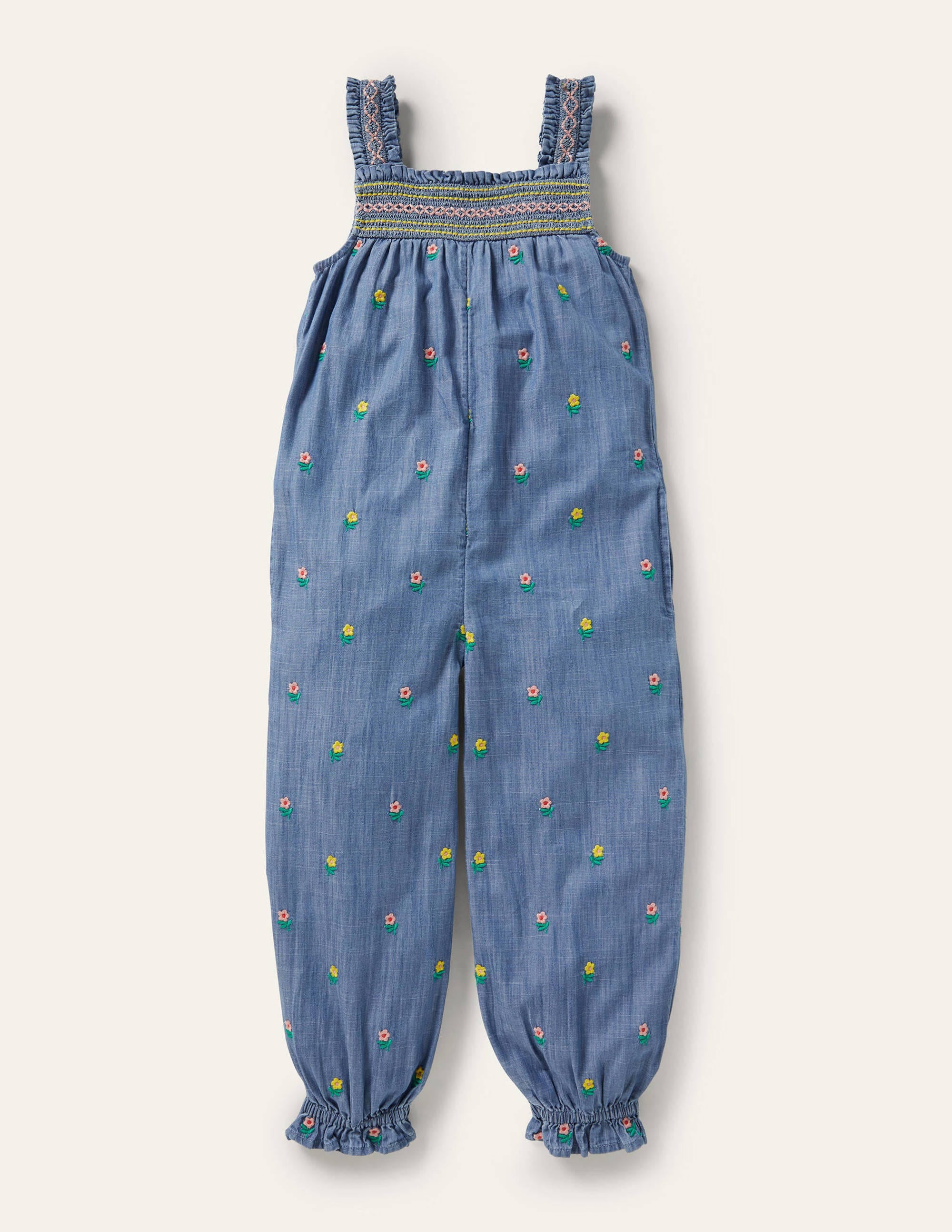 Gesmokte Latzhose mit Stickerei-Faux-Uni, Blumenmuster
