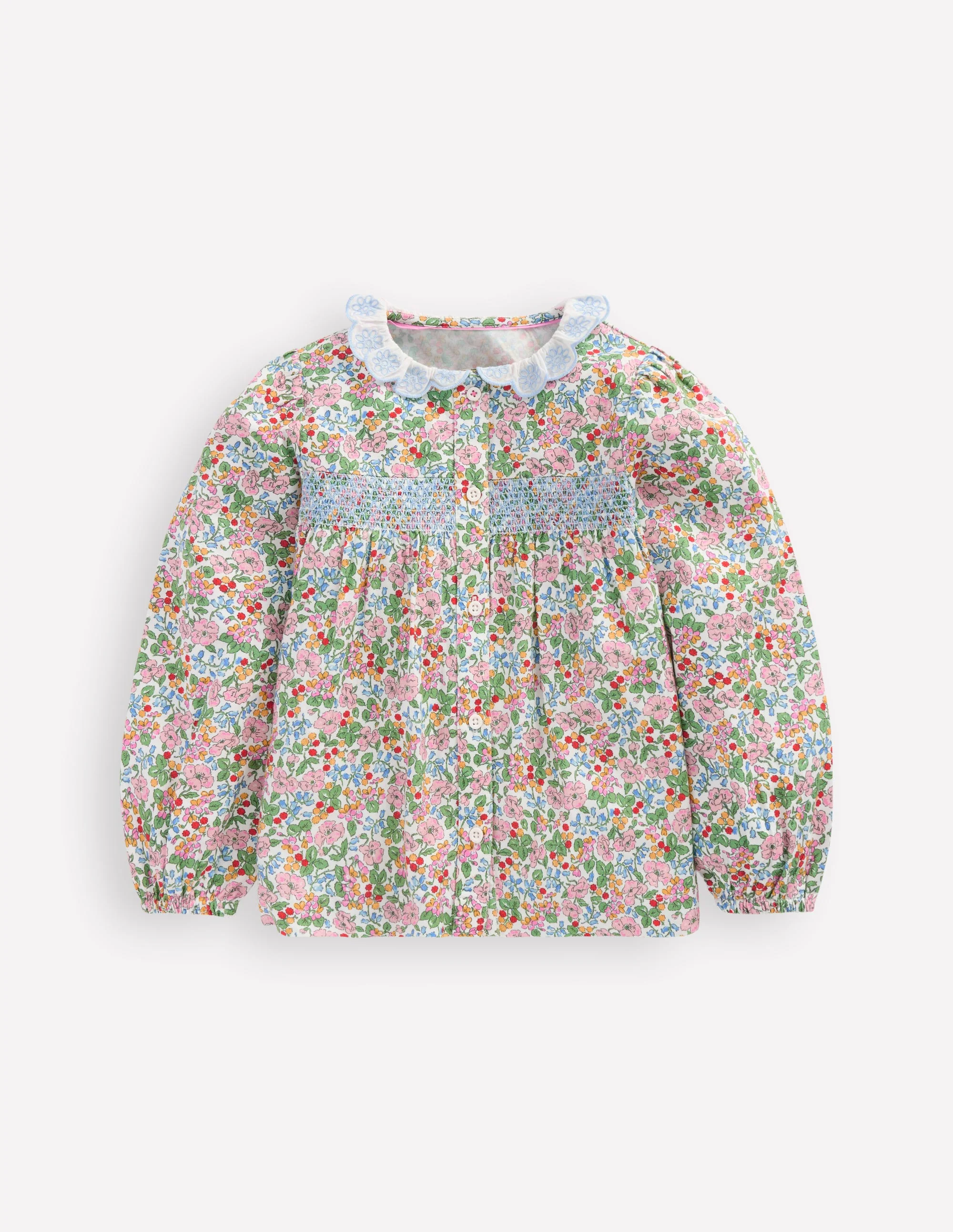 Gesmoktes Hemd mit Muschelsaum am Kragen-Weiches Naturweiß Beere Blumenmuster
